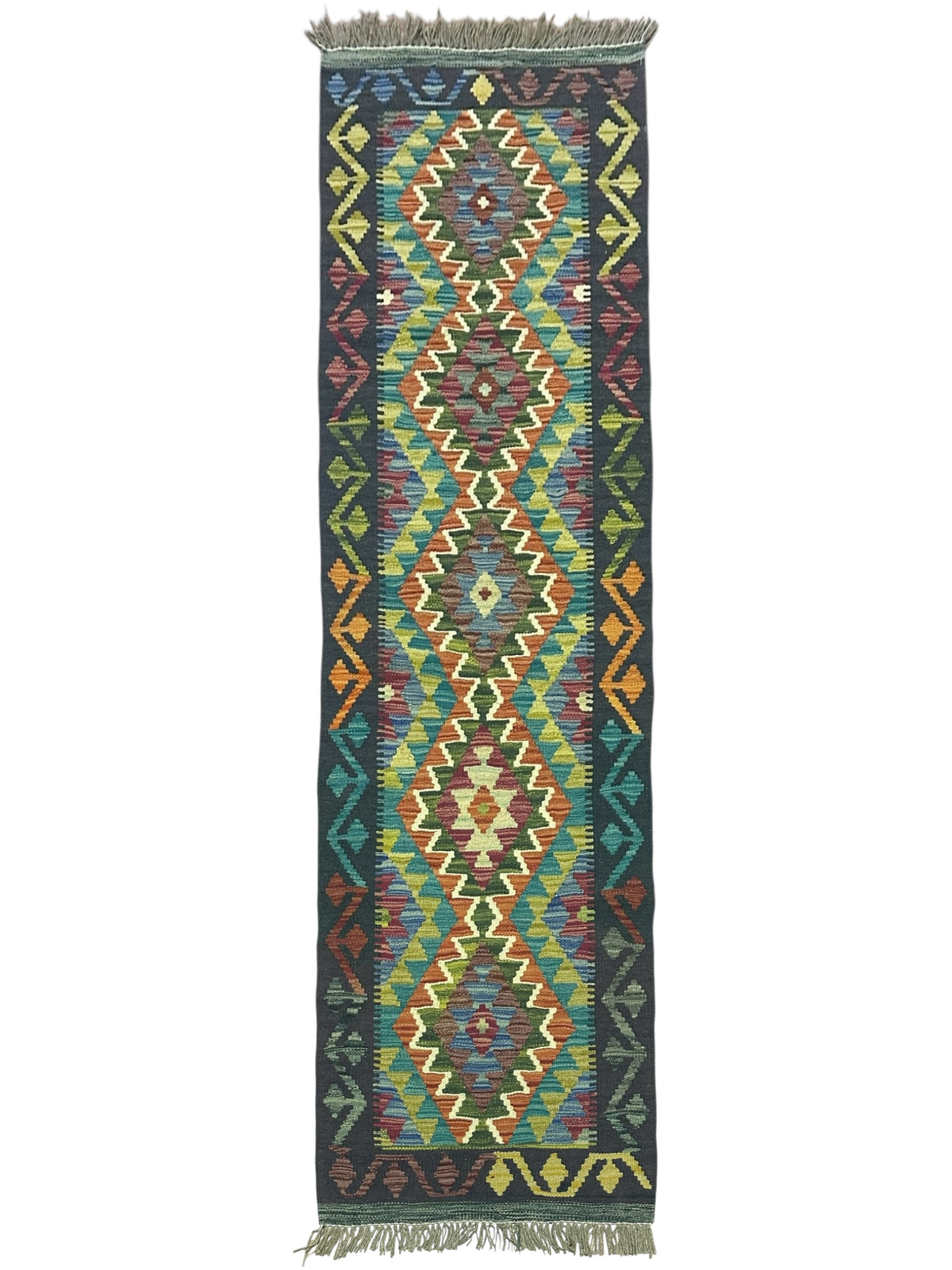 Afghan Kilim Runner 2x6, Navy, Teal & Olive Green, Hand-Woven Wool Flatweave