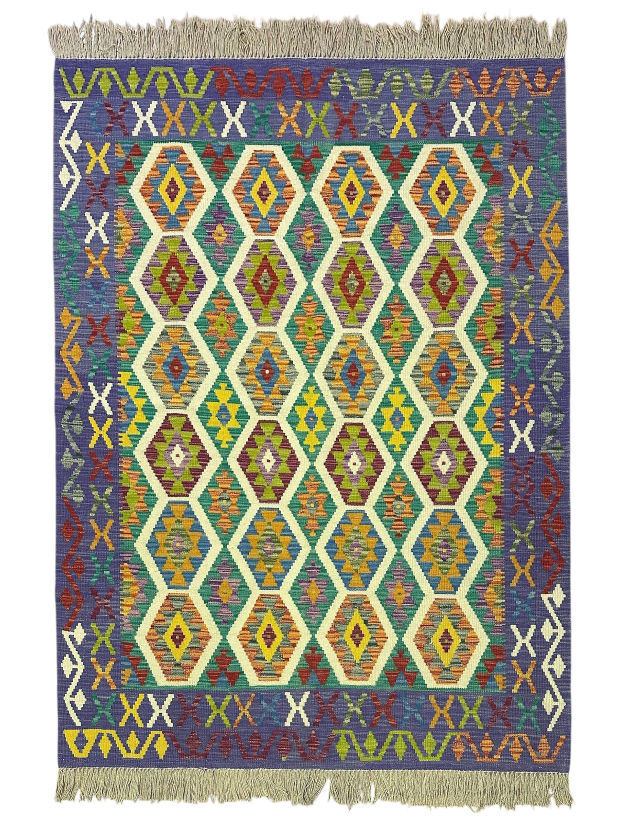 Afghan Kilim Rug 5x7, Purple, Rust & Ivory, Hand-Woven Wool Flatweave