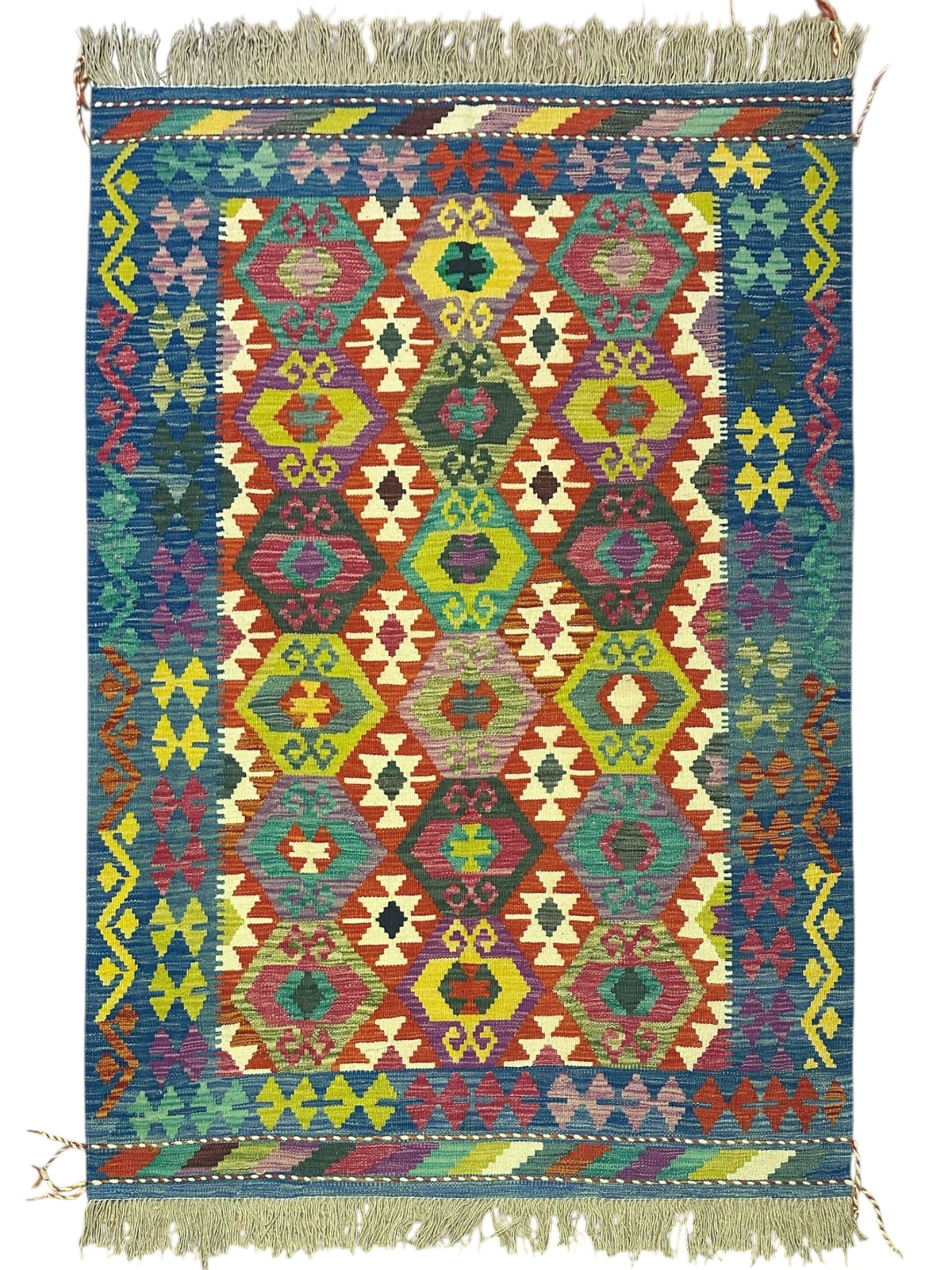 Afghan Kilim Rug 5x6, Red, Blue & Yellow, Hand-Woven Wool Flatweave