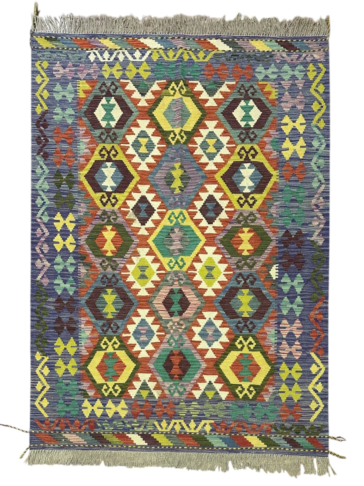 Afghan Kilim Rug 5x6, Rust, Blue & Ivory, Hand-Woven Wool Flatweave