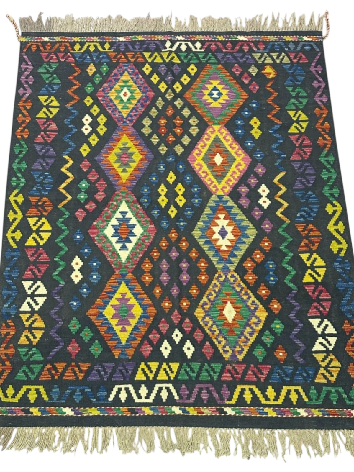 Afghan Kilim Rug 5x6, Navy, Green & Yellow, Hand-Woven Wool Flatweave, view 2