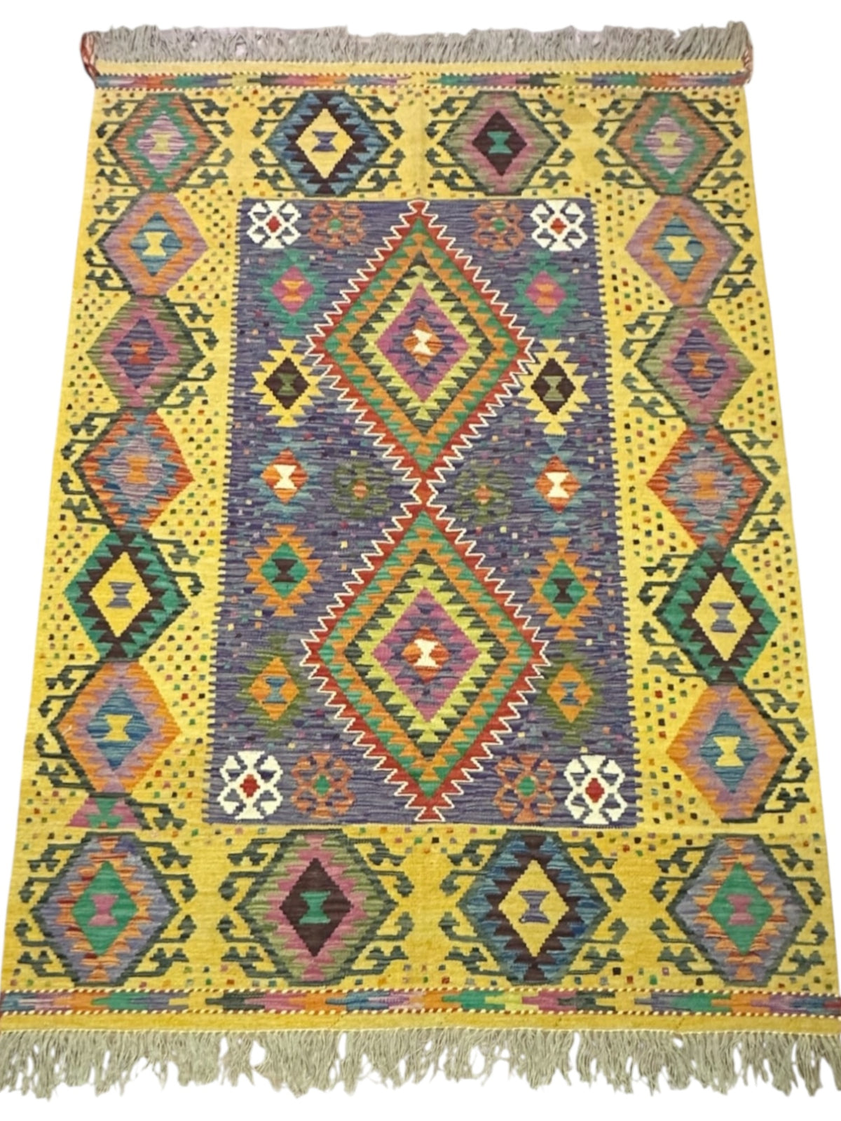 Afghan Kilim Rug 5x7, Yellow, Blue & Purple, Hand-Woven Wool Flatweave, view 2