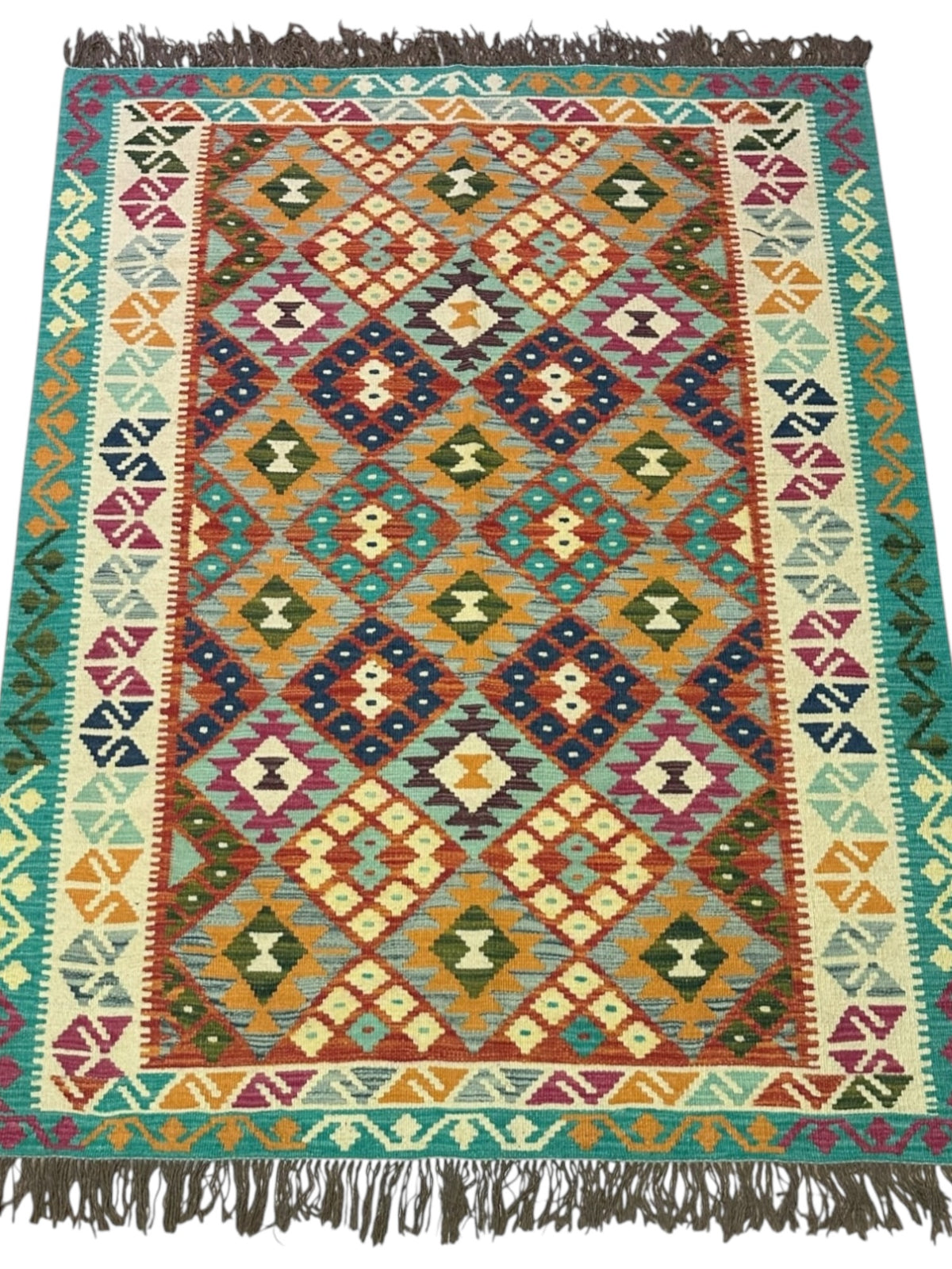 Afghan Kilim Rug 5x7, Rust, Teal & Ivory, Diamond Lattice Wool Flatweave, Navy Accents, view 2