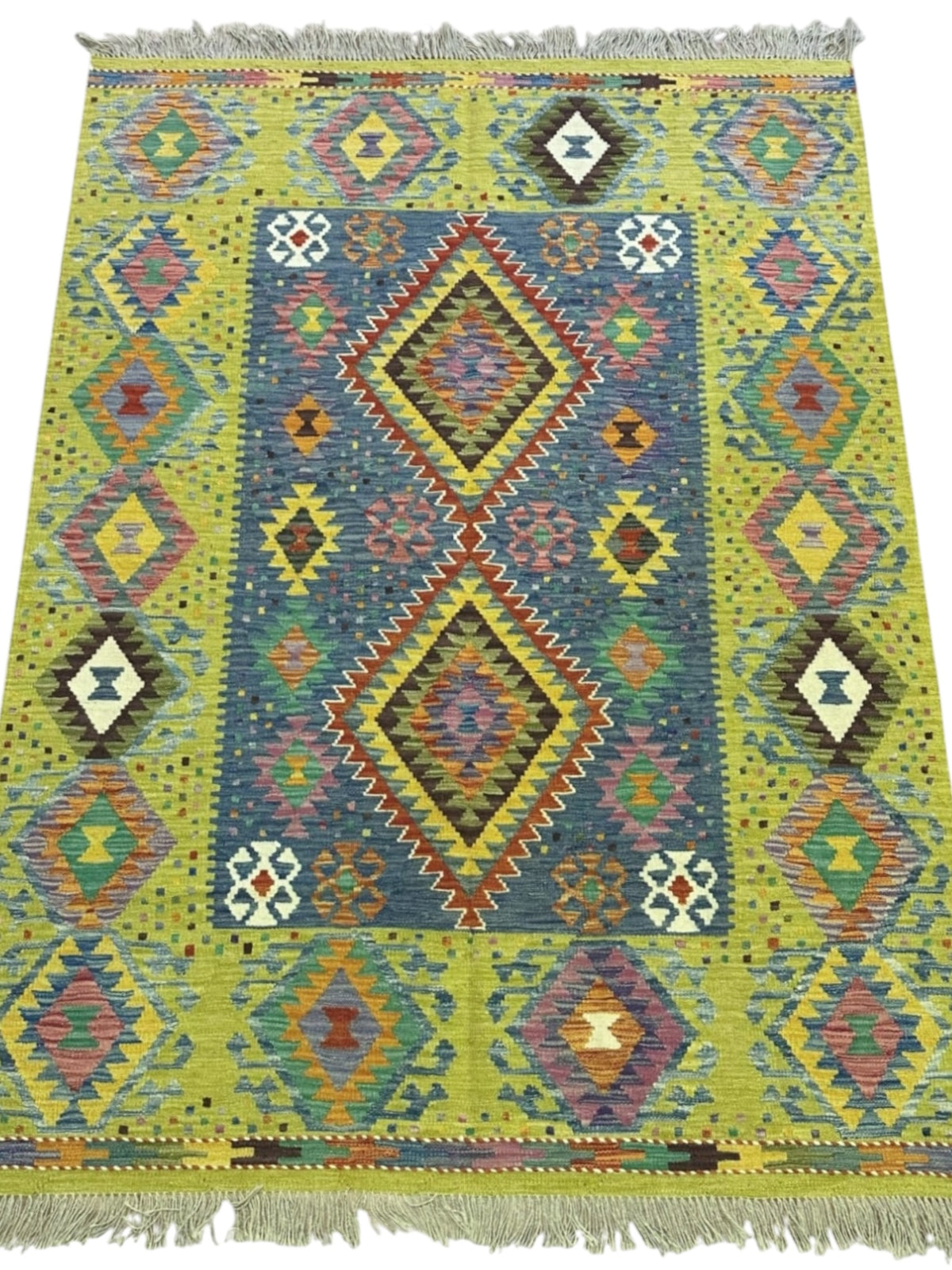 Afghan Kilim Rug 5x7, Olive Green, Blue & Purple, Hand-Woven Wool Flatweave, view 2
