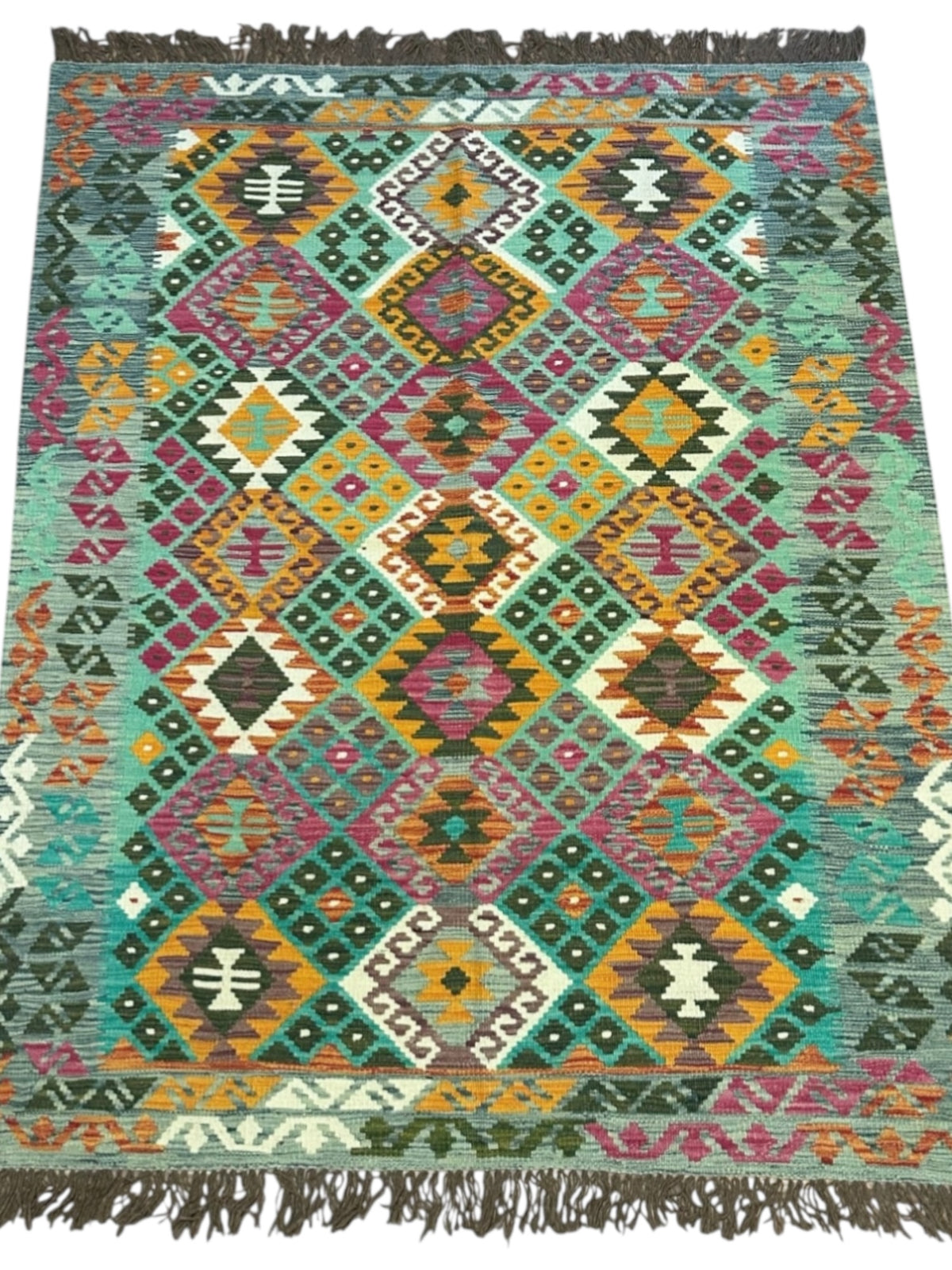 Afghan Kilim Rug 5x7, Teal, Pink & Gold, Hand-Woven Wool Flatweave, view 2