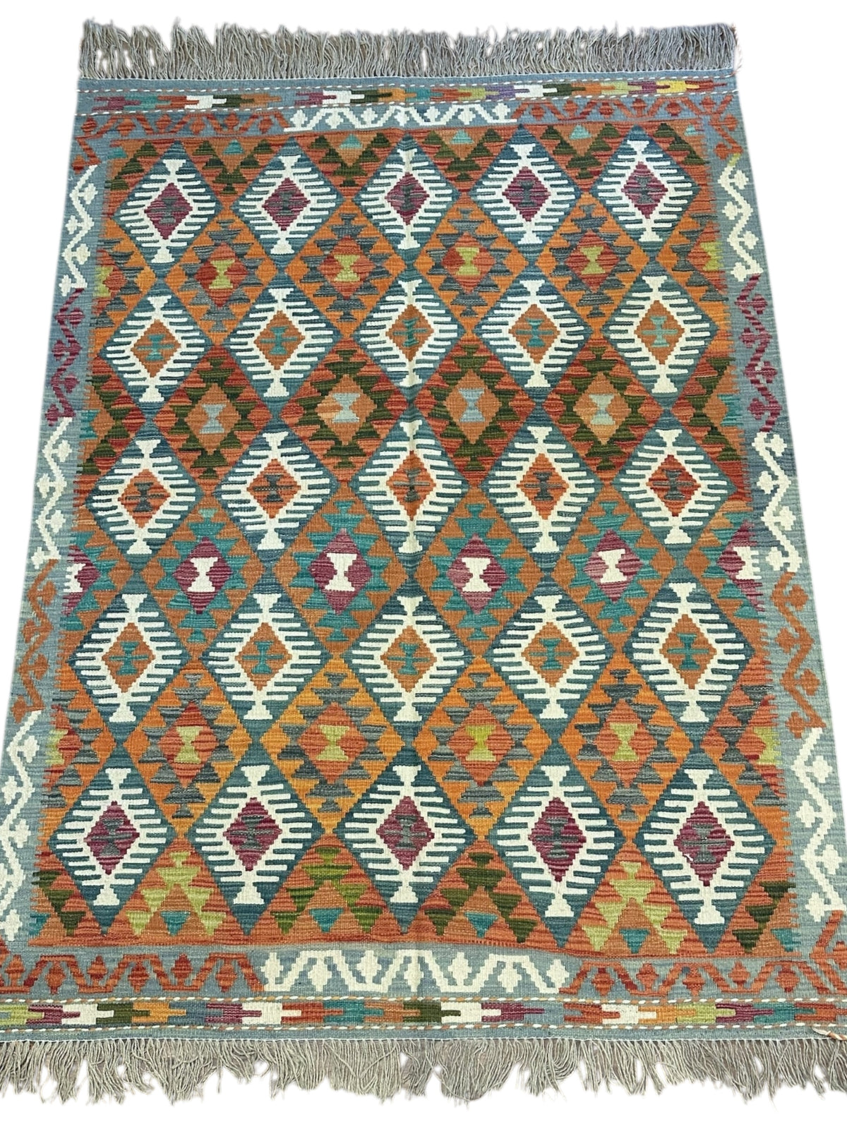Afghan Kilim Rug 5x7, Rust, Teal & Ivory, Hand-Woven Wool Flatweave, view 2