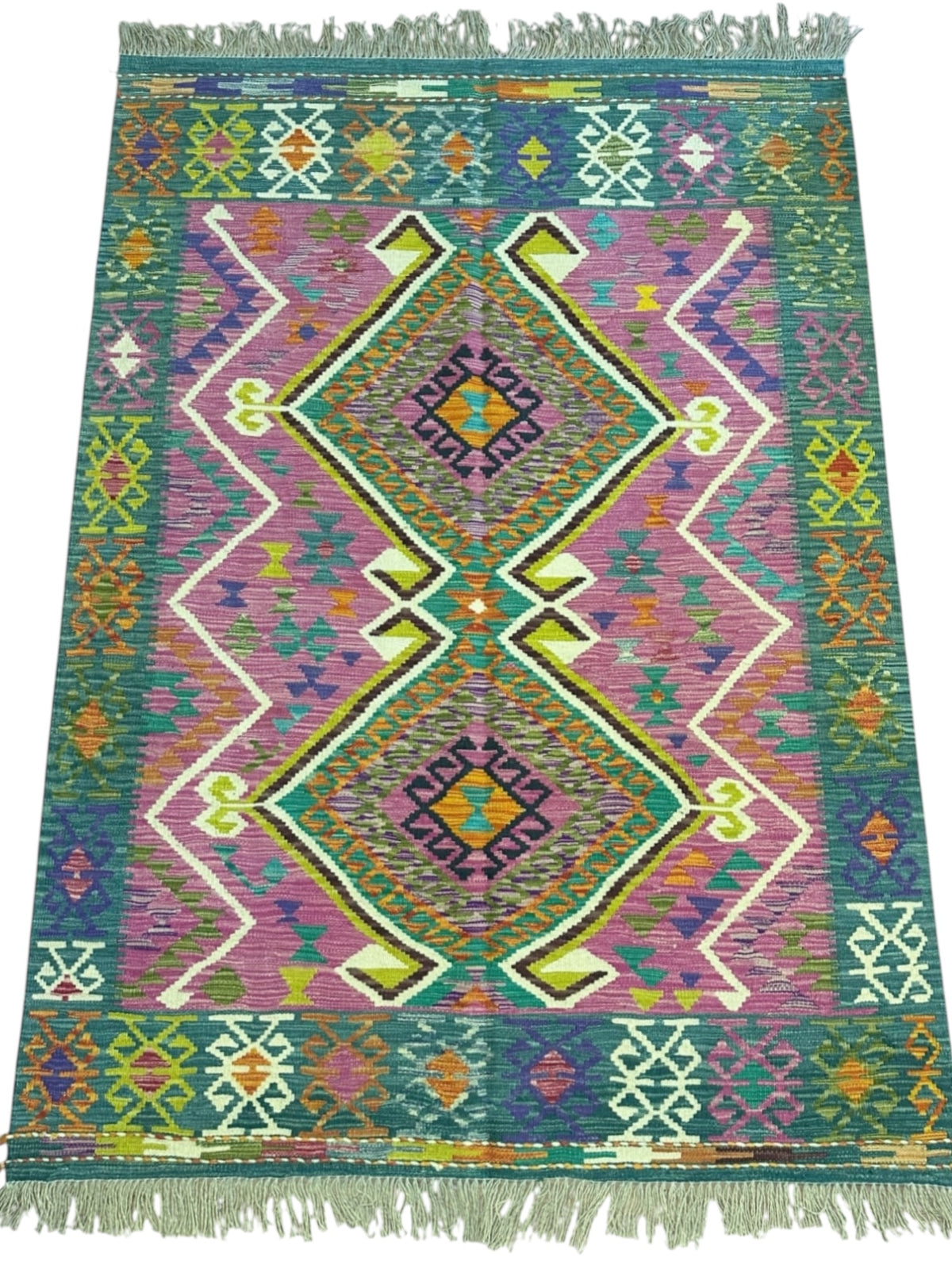 Afghan Kilim Rug 5x7, Teal, Pink & Green, Hand-Woven Wool Flatweave, view 2