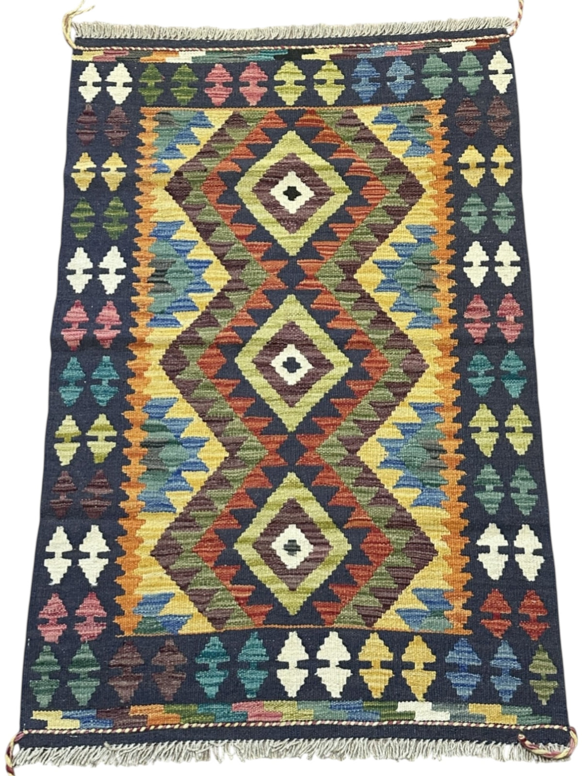 Afghan Kilim Rug 3x4, Navy, Gold & Rust, Hand-Woven Wool Flatweave, view 2