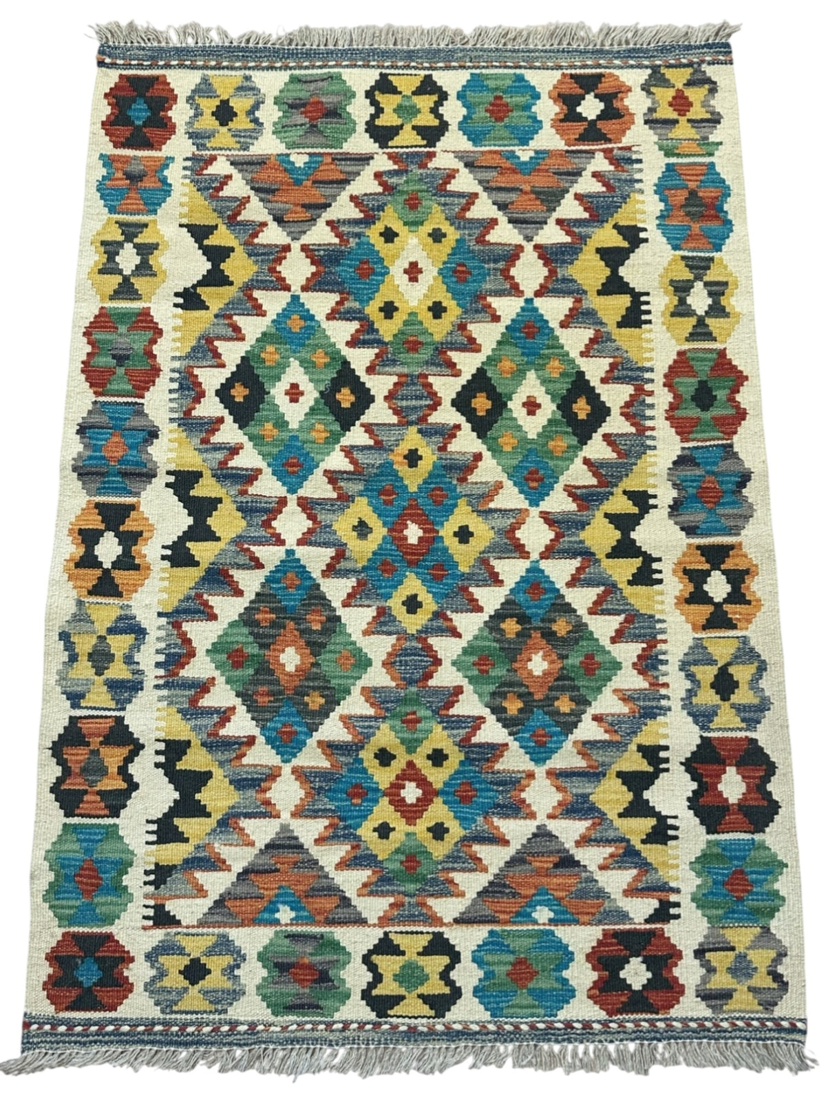 Afghan Kilim Rug 3x4, Ivory, Teal & Gold, Hand-Woven Wool Flatweave, view 2