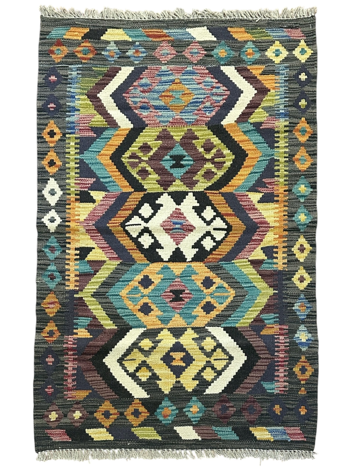 Afghan Kilim Rug 3x4, Black, Teal & Orange, Hand-Woven Wool Flatweave