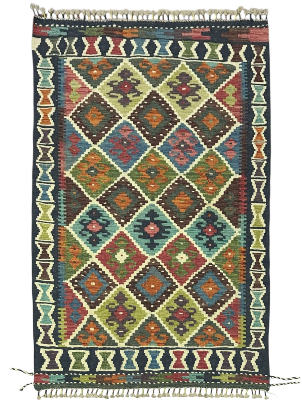 Afghan Kilim Rug 4x5, Navy, Ivory & Olive Green, Hand-Woven Wool Flatweave