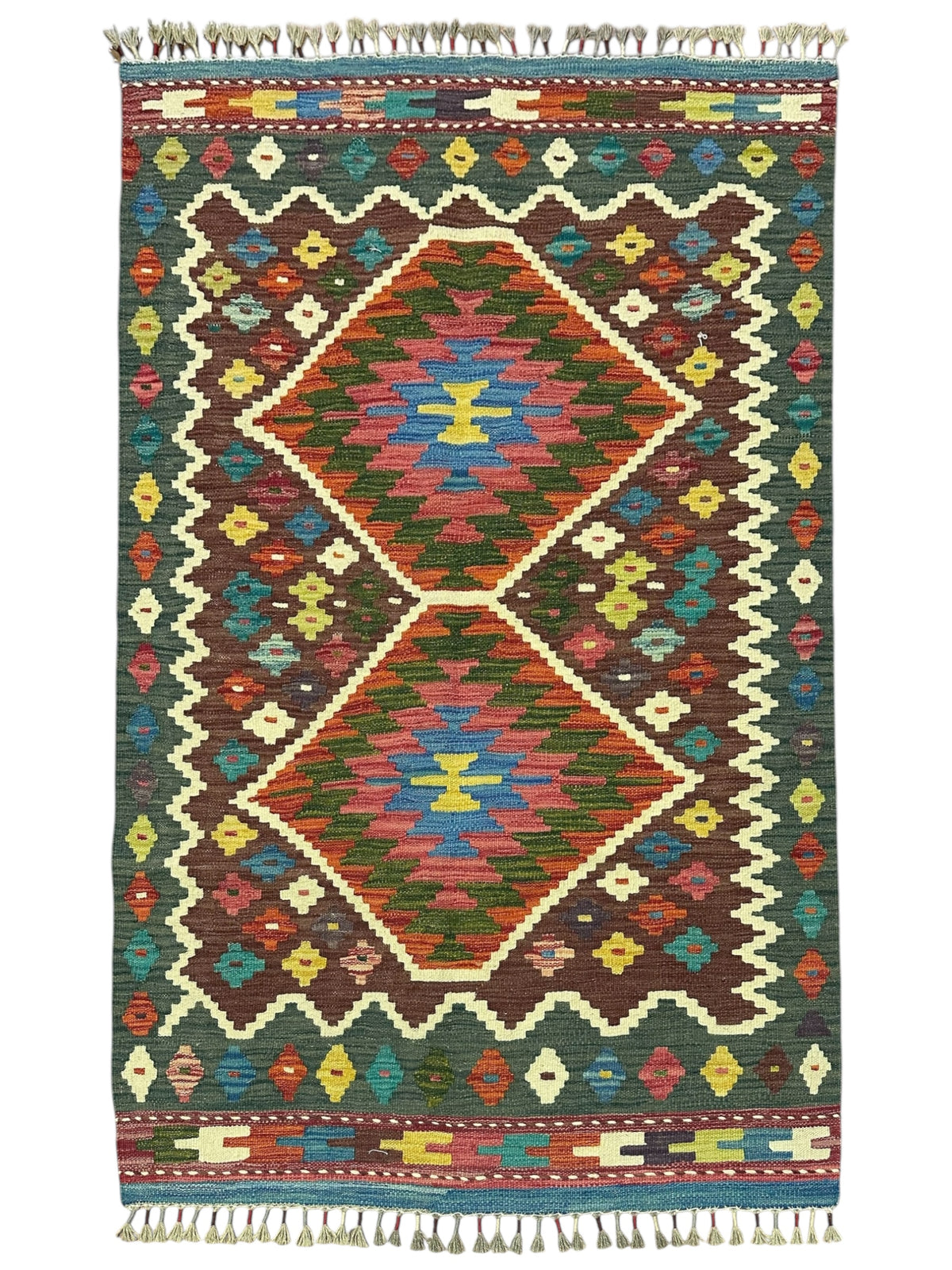 Afghan Kilim Rug 3x5, Brown, Green & Rust, Hand-Woven Wool Flatweave