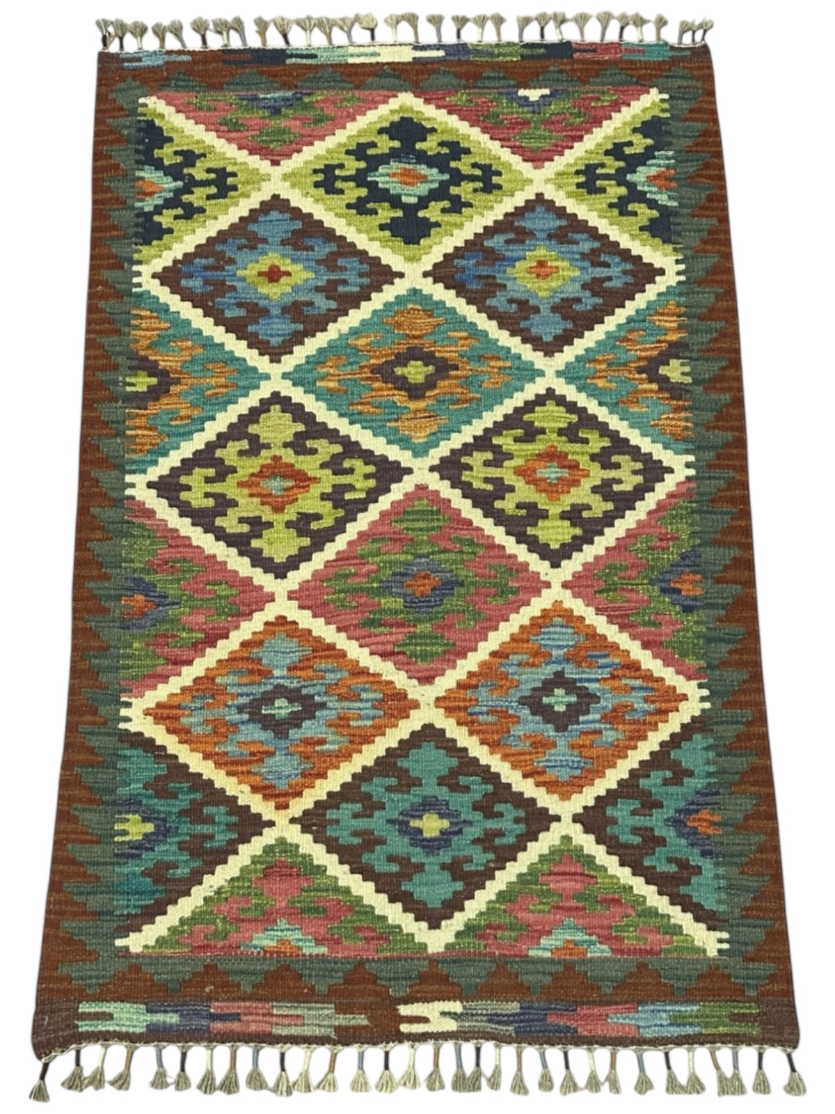 Afghan Kilim Rug 3x4, Rust, Olive Green & Teal, Hand-Woven Wool Flatweave, view 2