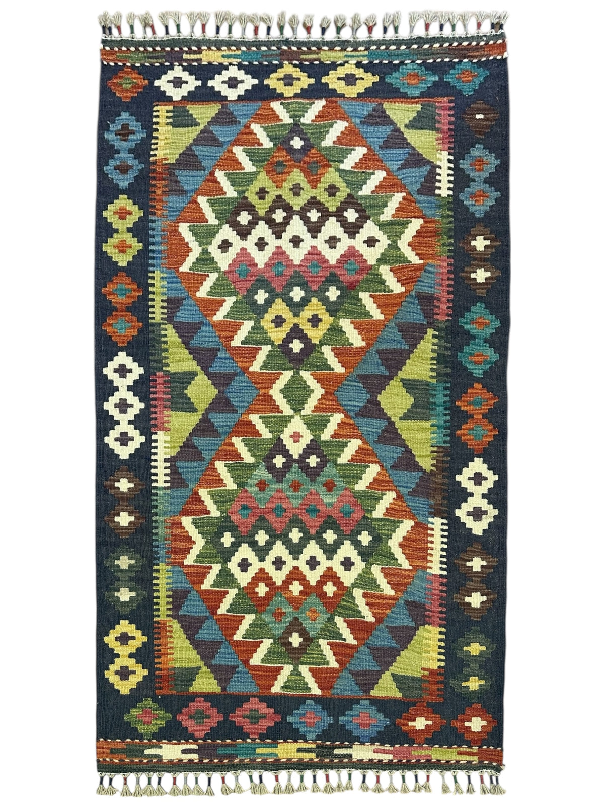 Afghan Kilim Rug 3x4, Navy, Rust & Olive Green, Hand-Woven Wool Flatweave