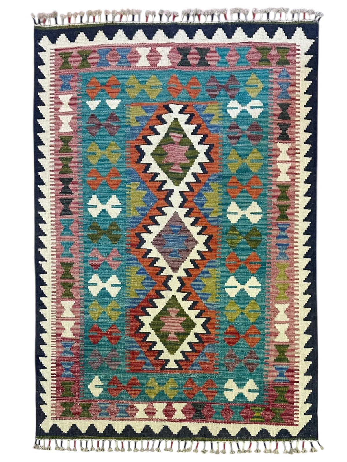 Afghan Kilim Rug 3x5, Teal, Navy & Pink, Hand-Woven Wool Flatweave
