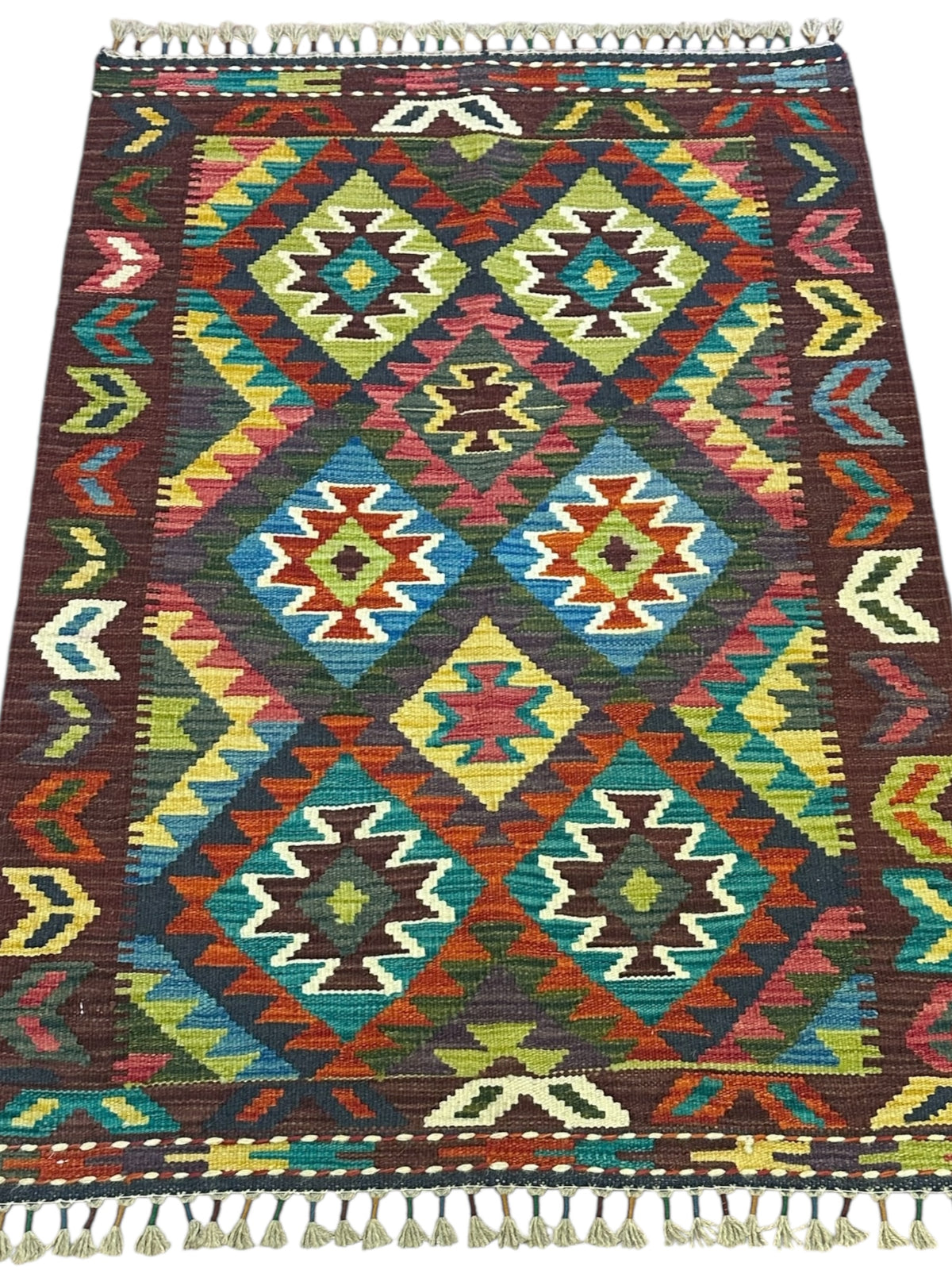 Afghan Kilim Rug 3x4, Brown, Rust & Olive Green, Hand-Woven Wool Flatweave, view 2