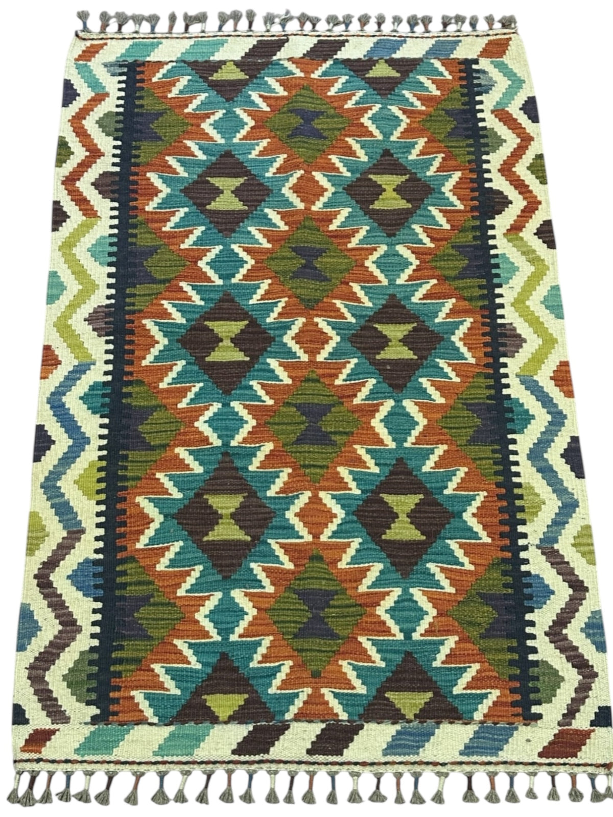 Afghan Kilim Rug 3x4, Navy, Rust & Teal, Hand-Woven Wool Flatweave, view 2