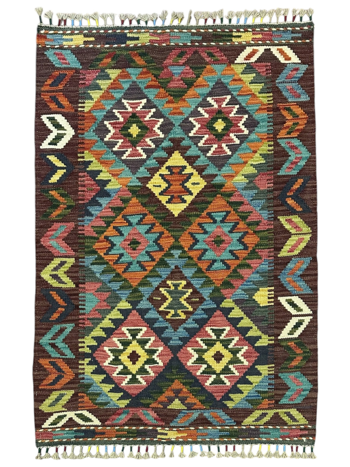 Afghan Kilim Rug 3x4, Brown, Rust & Teal, Hand-Woven Wool Flatweave