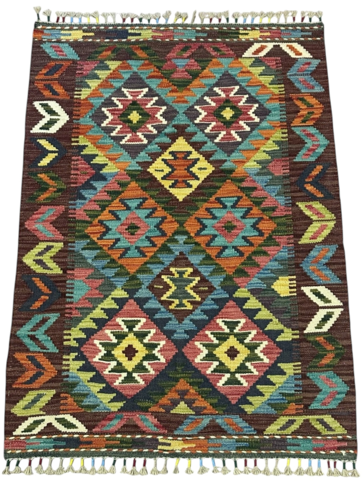 Afghan Kilim Rug 3x4, Green, Brown & Rust, Hand-Woven Wool Flatweave, view 2