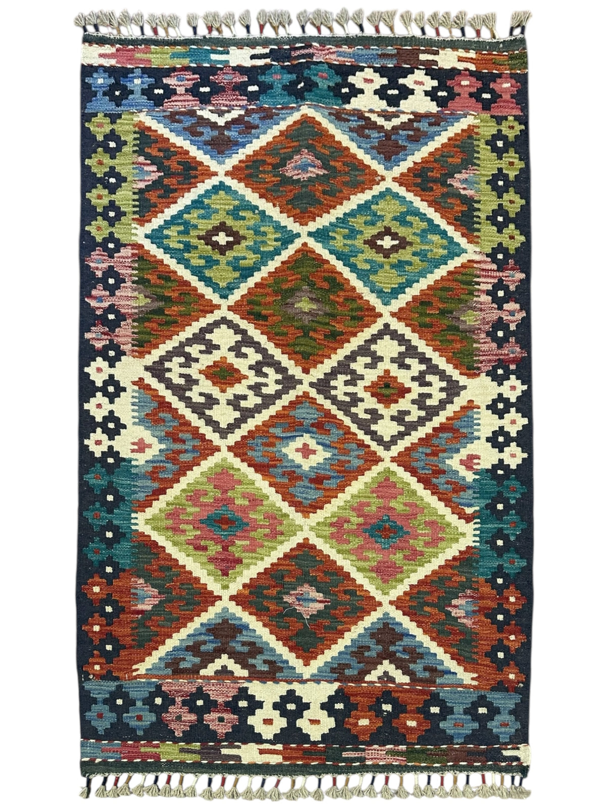 Afghan Kilim Rug 3x4, Teal, Rust & Ivory, Hand-Woven Wool Flatweave
