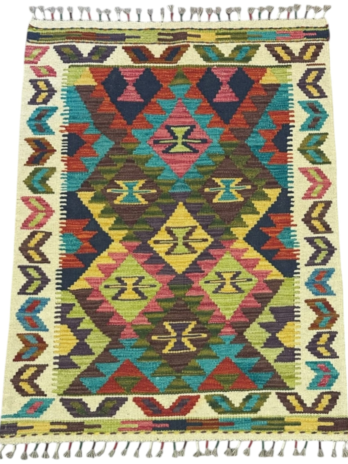 Afghan Kilim Rug 3x4, Ivory, Brown & Olive Green, Hand-Woven Wool Flatweave, view 2