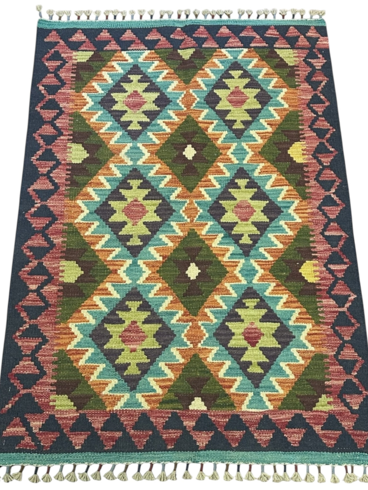 Afghan Kilim Rug 3x4, Navy, Olive Green & Teal, Hand-Woven Wool Flatweave, view 2