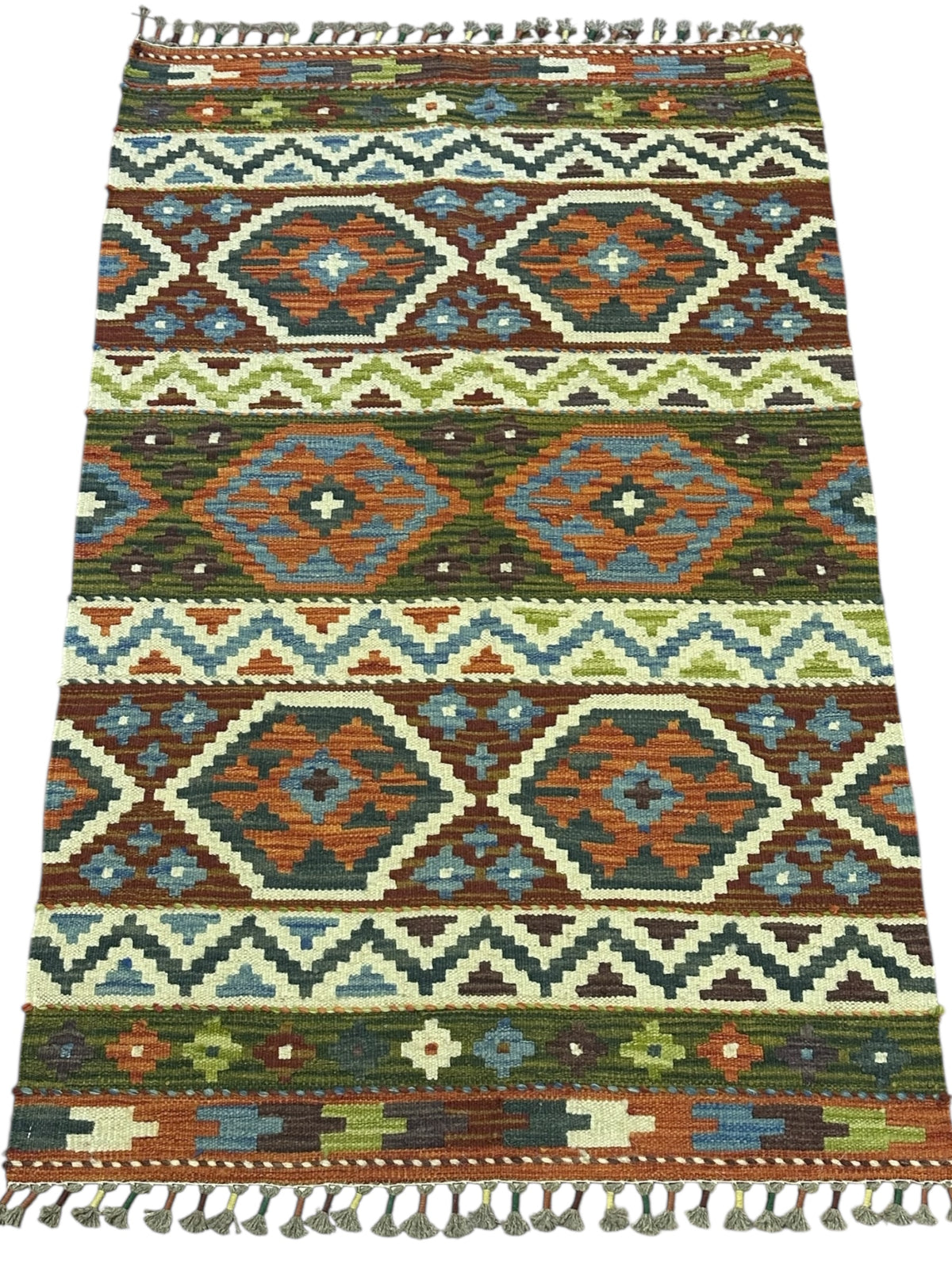 Afghan Kilim Rug 3x4, Rust, Olive Green & Ivory, Striped Wool Flatweave, view 2