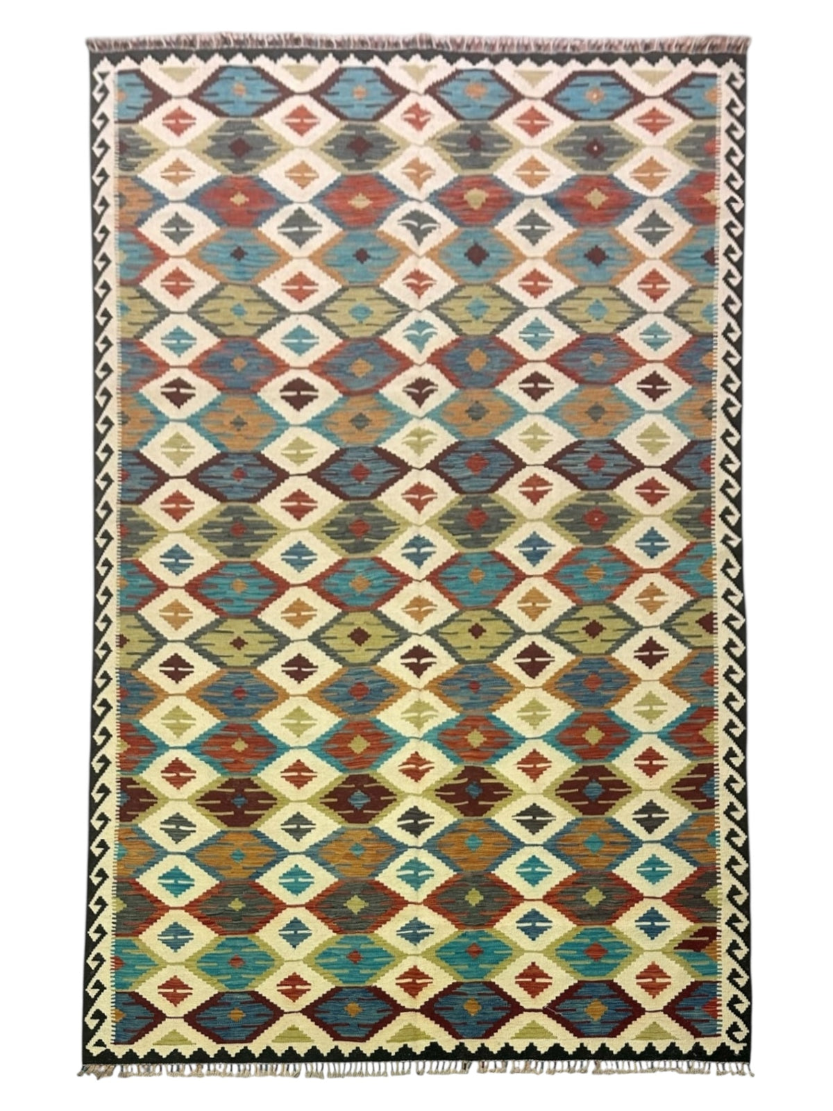 Afghan Kilim Rug 6x10, Ivory, Rust & Teal, Hand-Woven Wool Flatweave