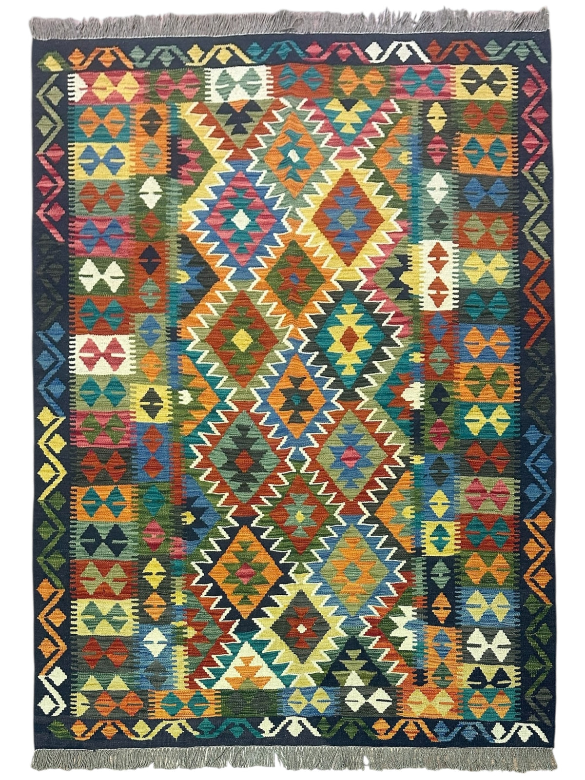 Afghan Kilim Rug 5x7, Navy, Rust & Orange, Hand-Woven Wool Flatweave