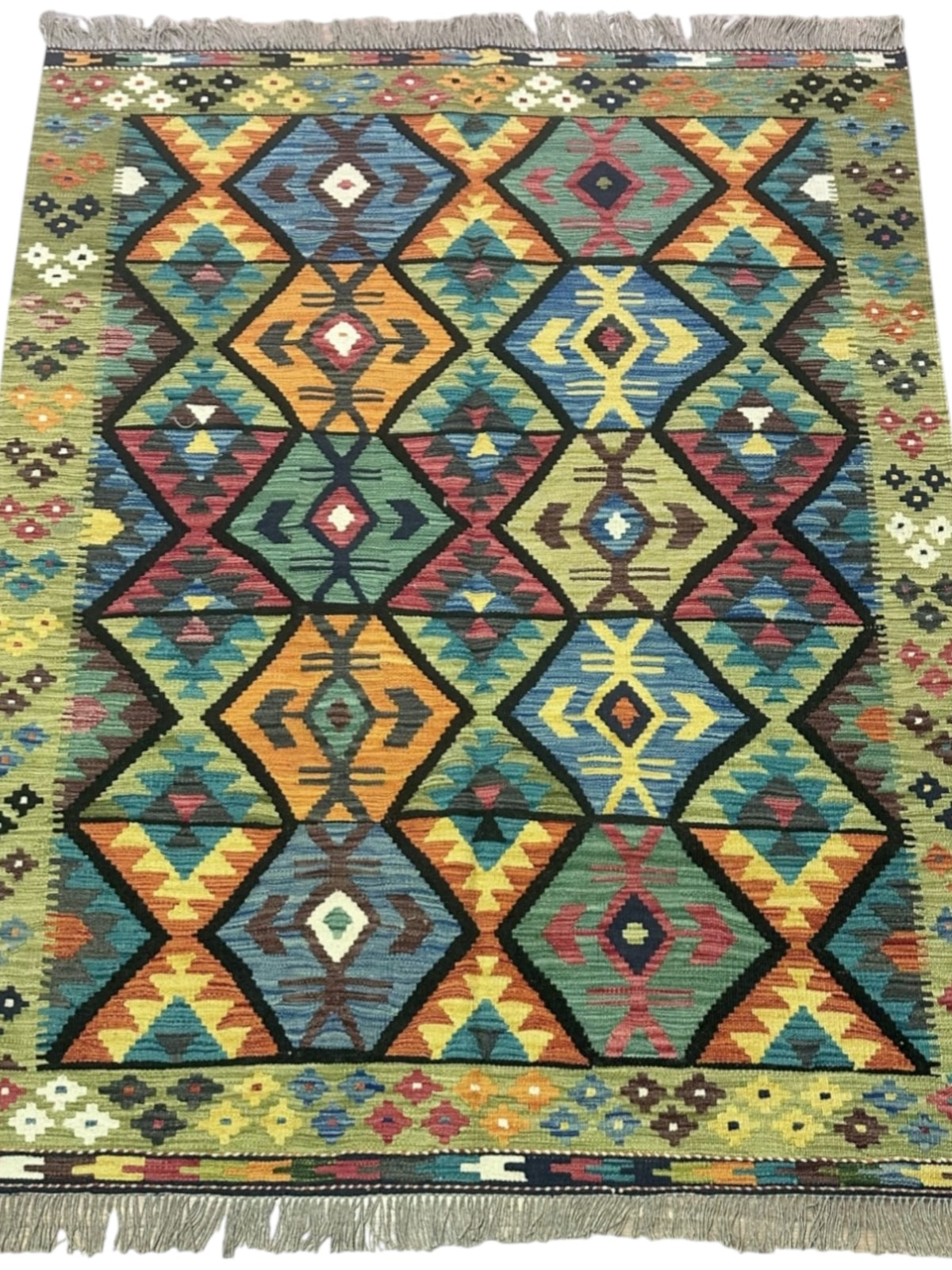 Afghan Kilim Rug 5x6, Olive Green, Teal & Gold, Hand-Woven Wool Flatweave, view 2