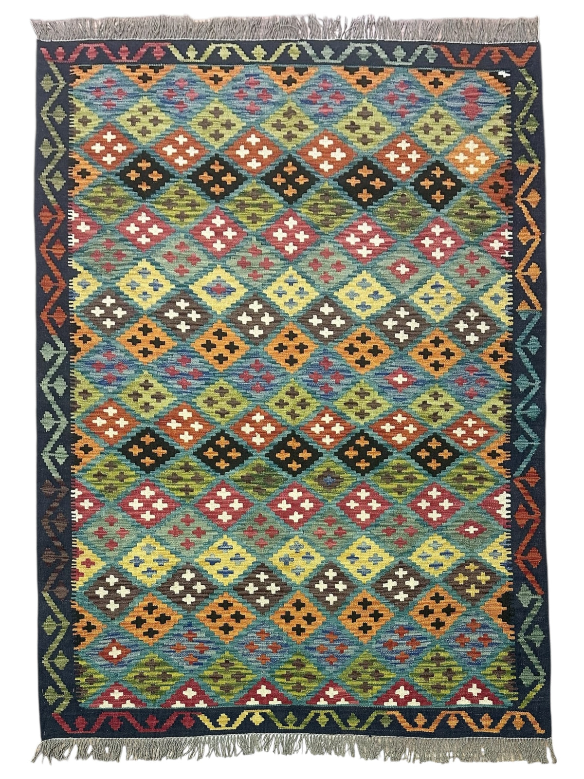 Afghan Kilim Rug 5x6, Olive Green, Rust & Teal, Hand-Woven Wool Flatweave