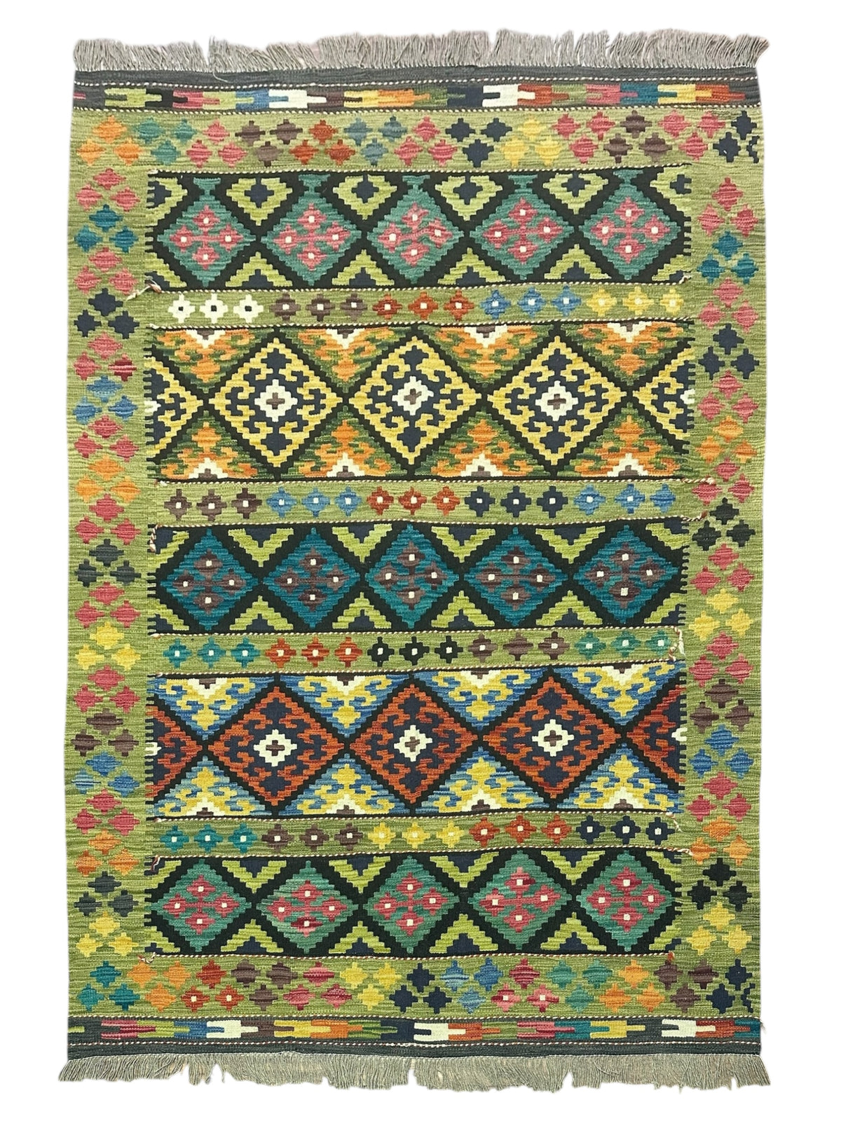Afghan Kilim Rug 5x7, Olive Green, Black & Teal, Hand-Woven Wool Flatweave