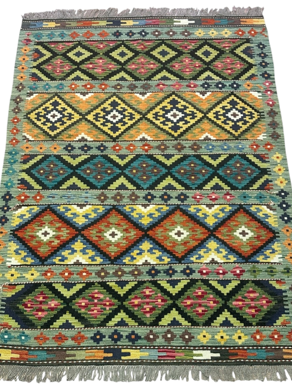 Afghan Kilim Rug 5x7, Teal, Black & Rust, Hand-Woven Wool Flatweave, view 2