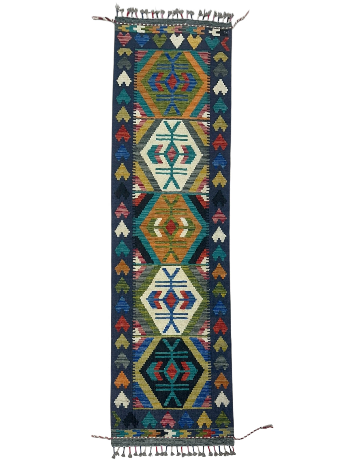 Afghan Kilim Runner 2x6, Navy, Gold & Ivory, Hand-Woven Wool Flatweave