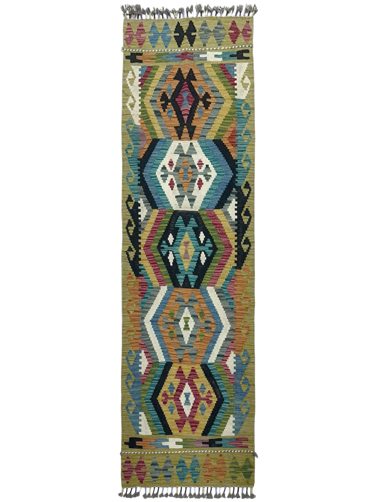 Afghan Kilim Runner 2x7, Gold, Ivory & Black, Hand-Woven Wool Flatweave