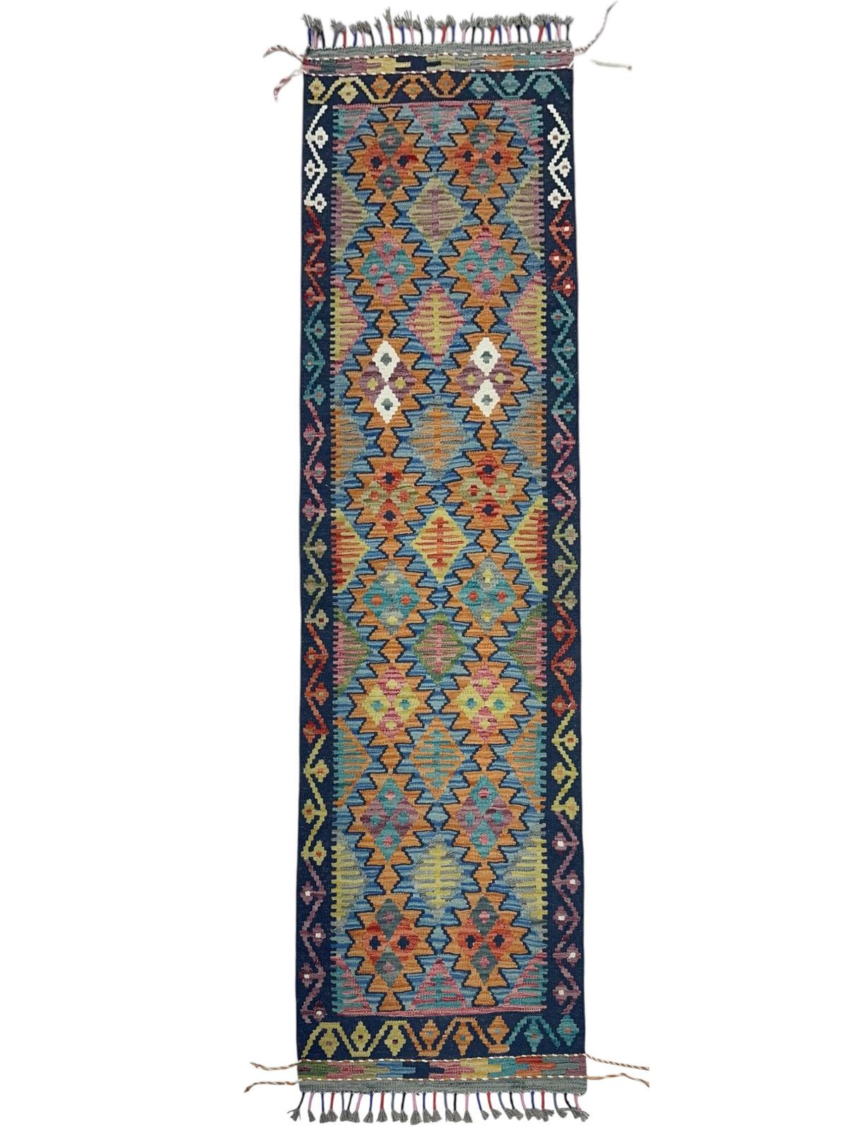 Afghan Kilim Runner 2x7, Navy, Orange & Teal, Hand-Woven Wool Flatweave
