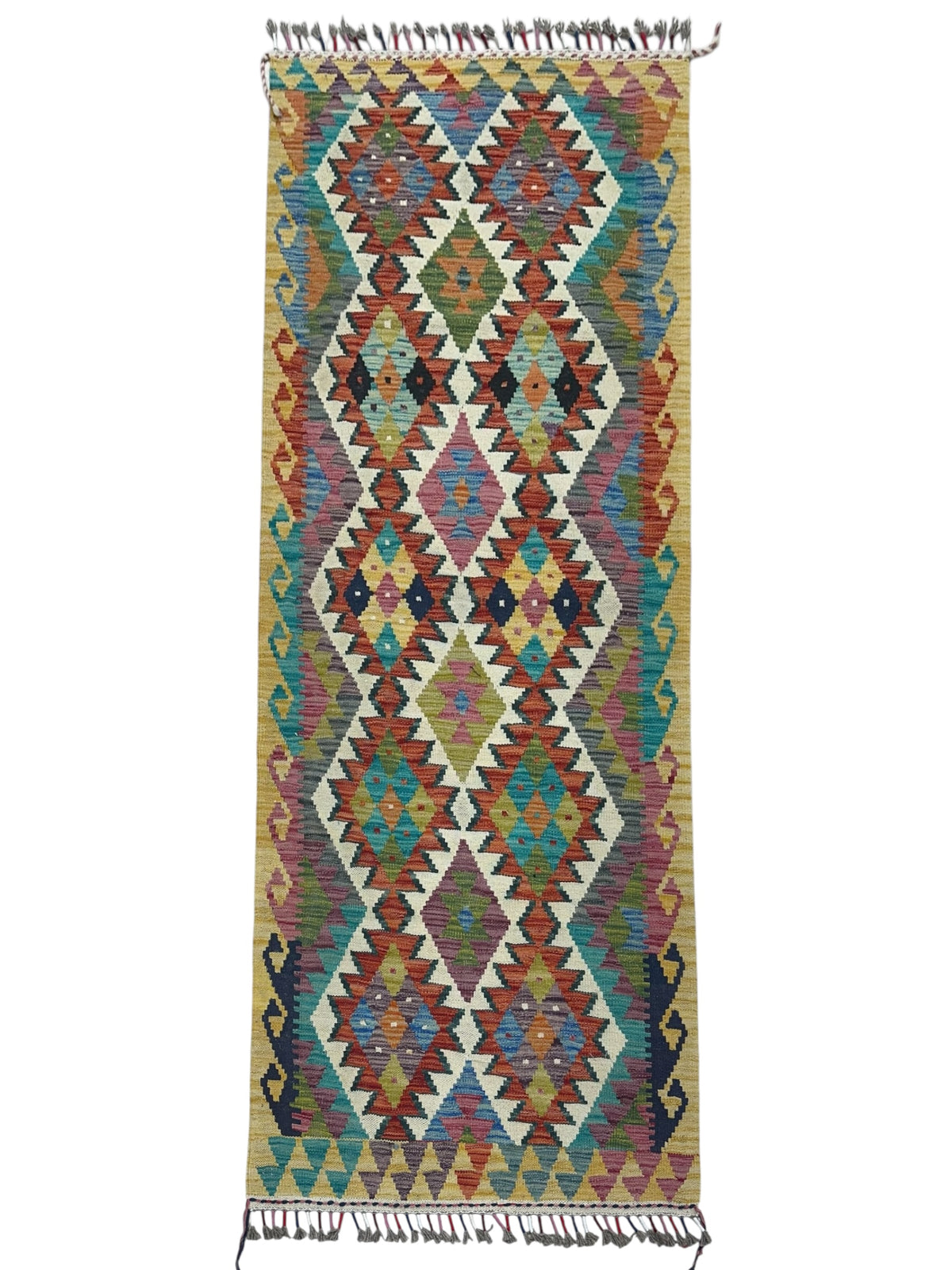 Afghan Kilim Runner 3x7, Rust, Ivory & Gold, Hand-Woven Wool Flatweave