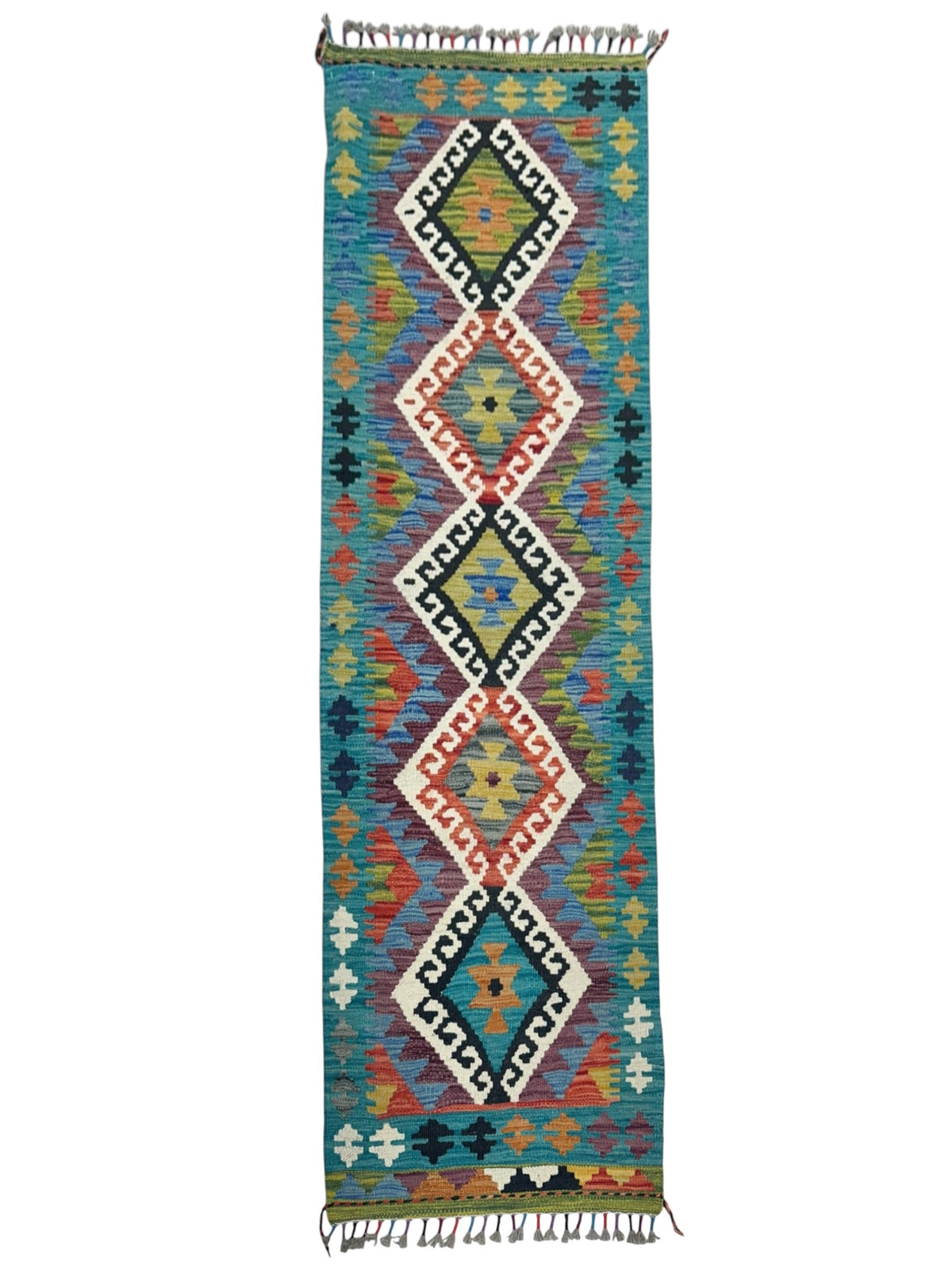 Afghan Kilim Runner 2x6, Teal, Ivory & Black, Hand-Woven Wool Flatweave
