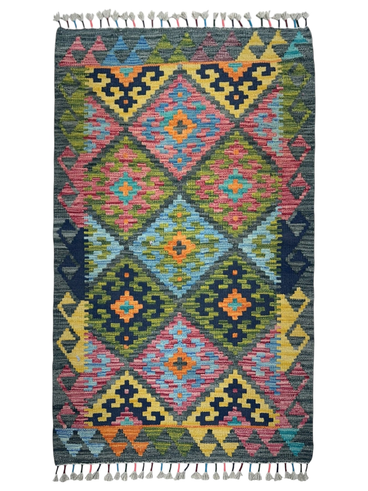 Afghan Kilim Rug 3x4, Pink, Olive Green & Gold, Hand-Woven Wool Flatweave