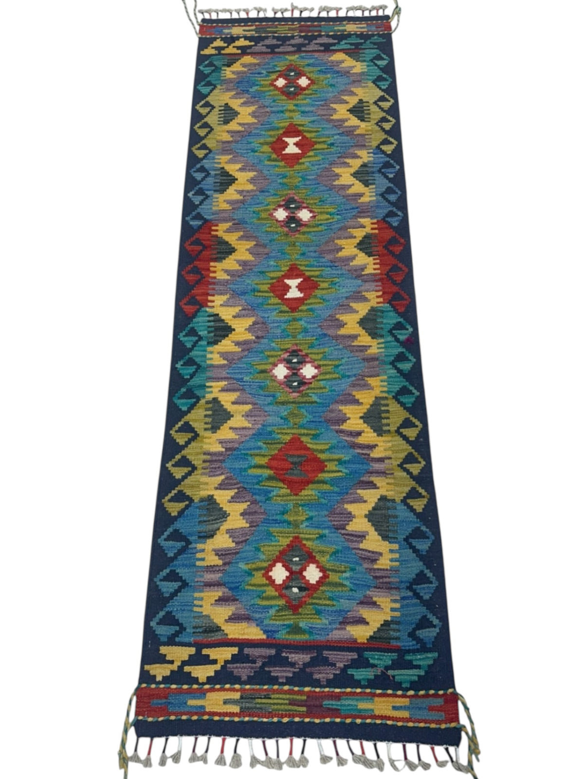 Afghan Kilim Runner 2x6, Navy, Blue & Gold, Hand-Woven Wool Flatweave, view 2