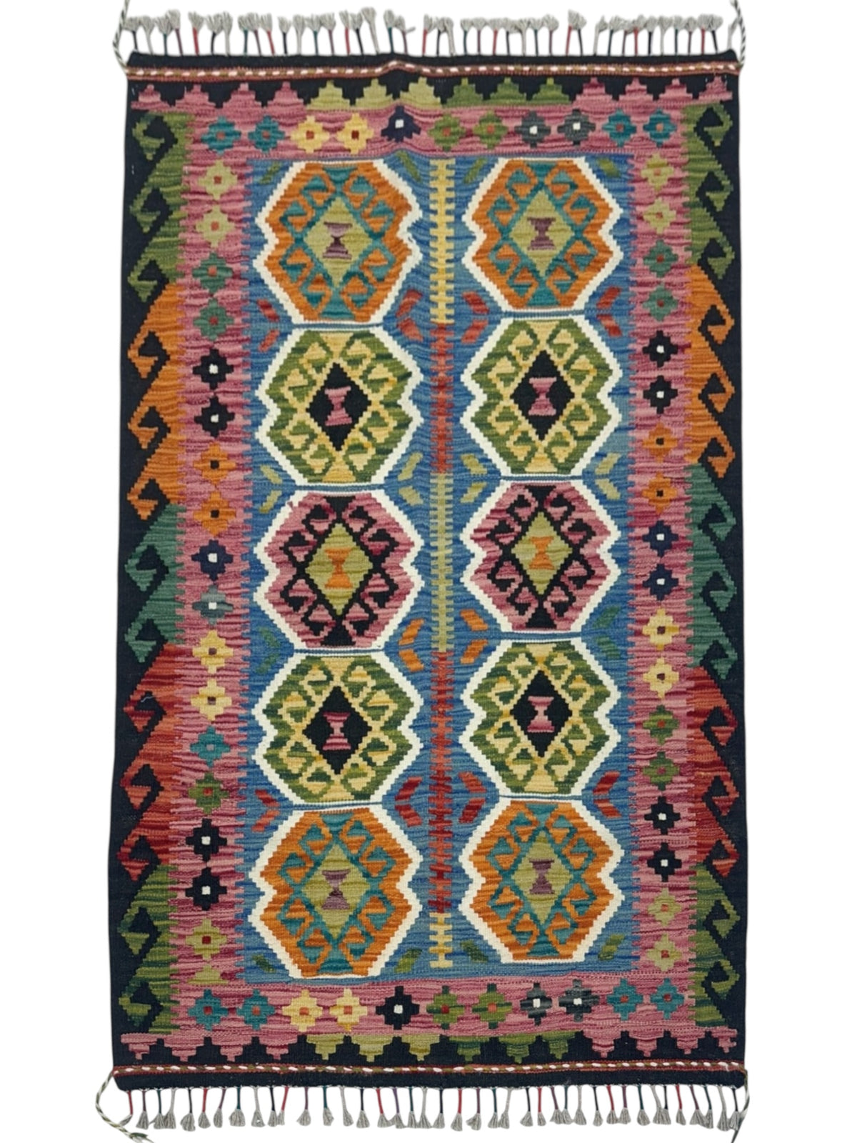 Afghan Kilim Rug 3x5, Pink, Olive Green & Black, Hand-Woven Wool Flatweave