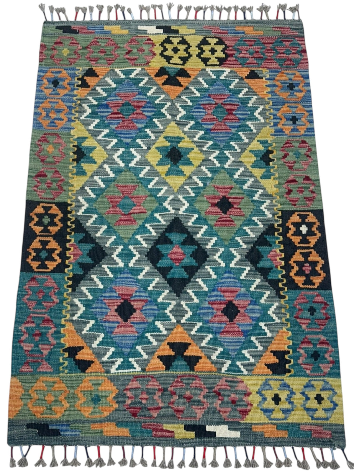 Afghan Kilim Rug 3x4, Teal, Gray & Yellow, Hand-Woven Wool Flatweave, view 2