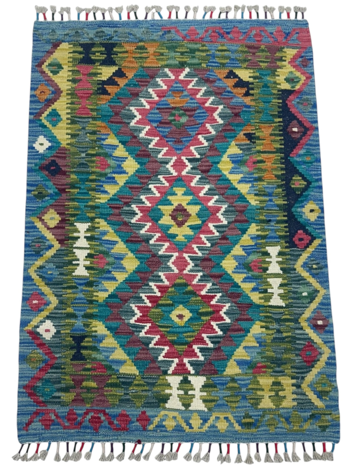 Afghan Kilim Rug 3x4, Blue, Olive Green & Pink, Hand-Woven Wool Flatweave, view 2