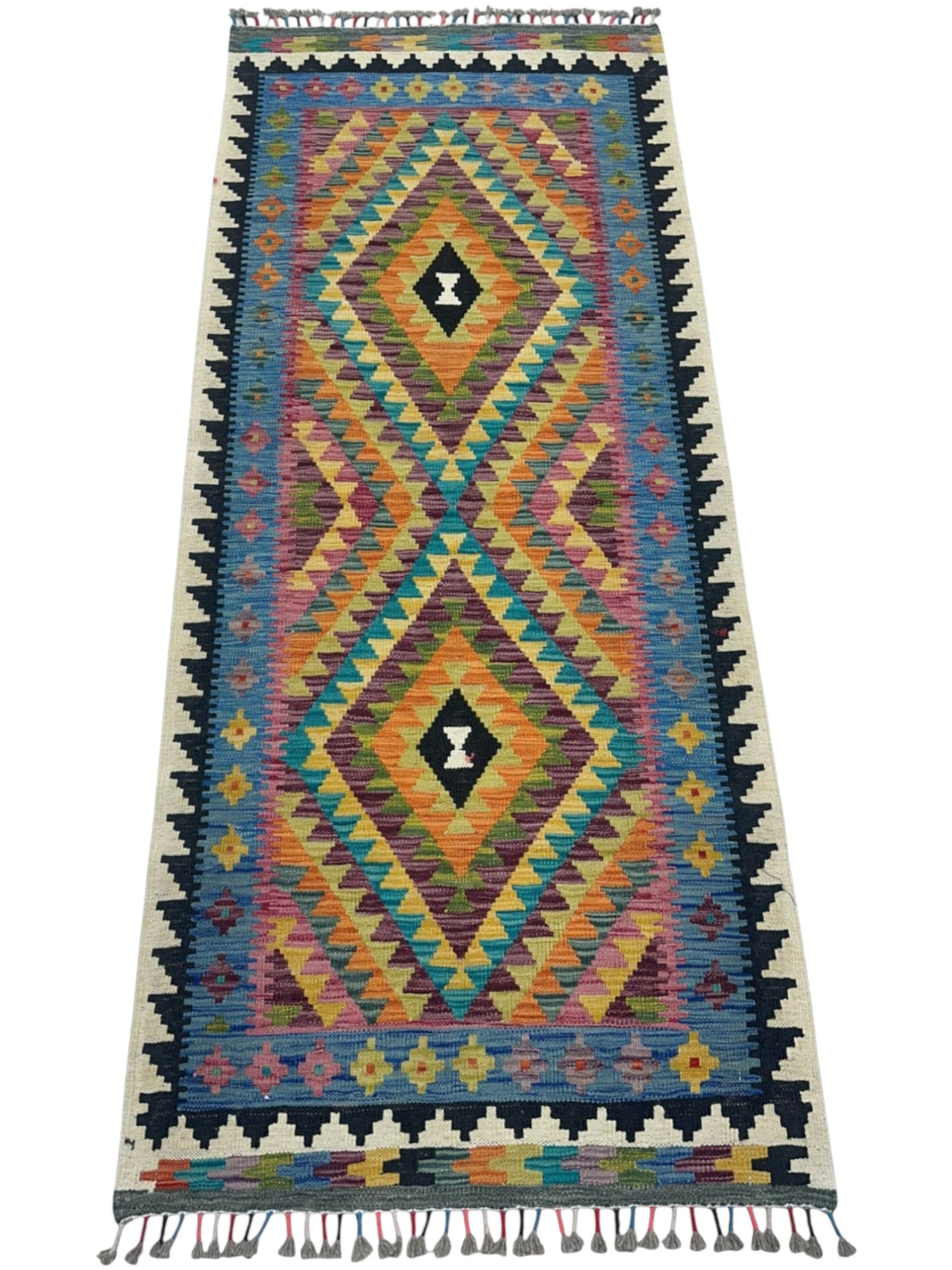 Afghan Kilim Runner 3x6, Gold, Orange & Blue, Hand-Woven Wool Flatweave, view 2
