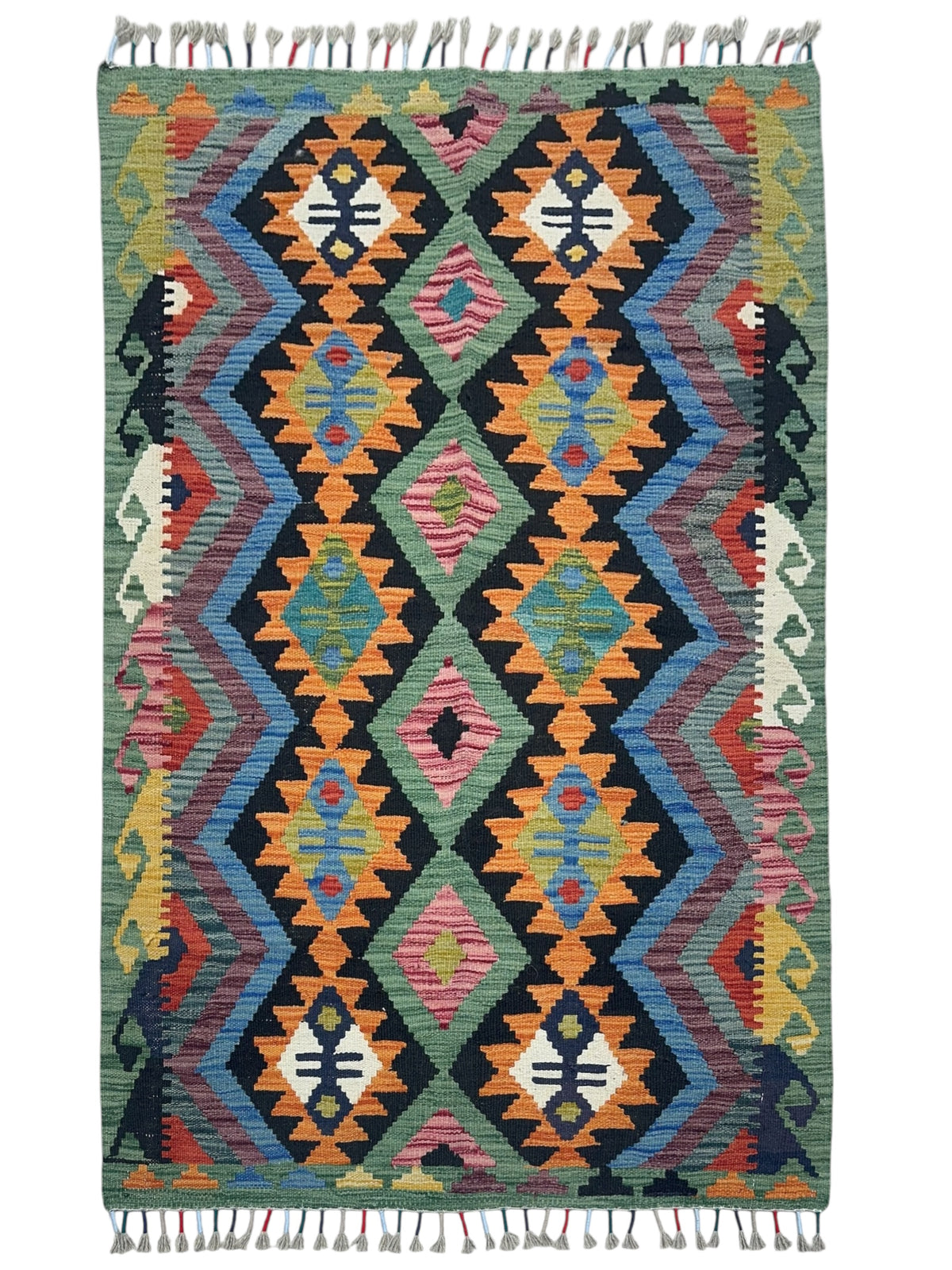 Afghan Kilim Rug 3x5, Black, Orange & Green, Hand-Woven Wool Flatweave