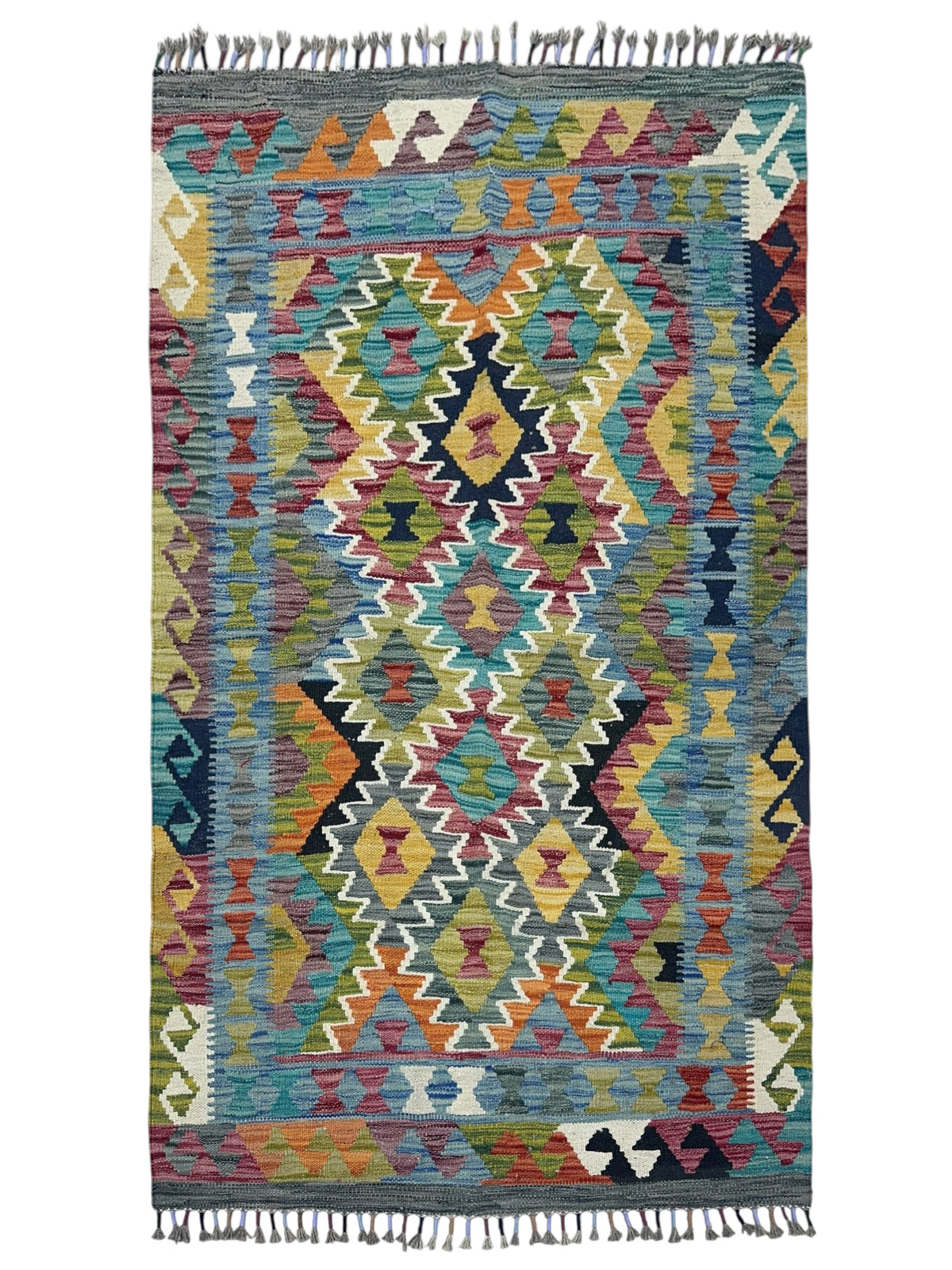 Afghan Kilim Rug 3x5, Gray, Teal & Gold, Hand-Woven Wool Flatweave