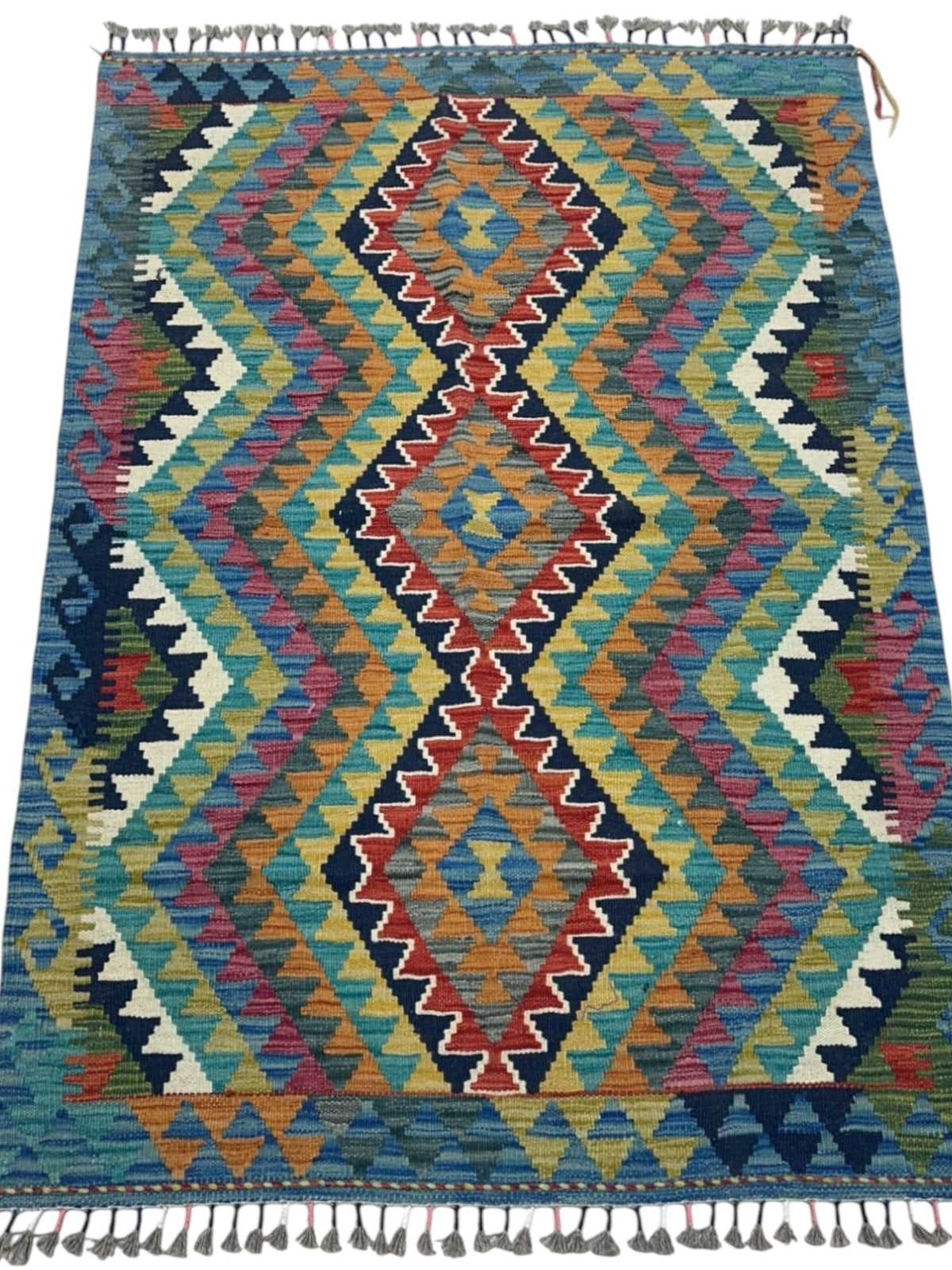 Afghan Kilim Rug 3x5, Teal, Olive Green & Rust, Hand-Woven Wool Flatweave, view 2