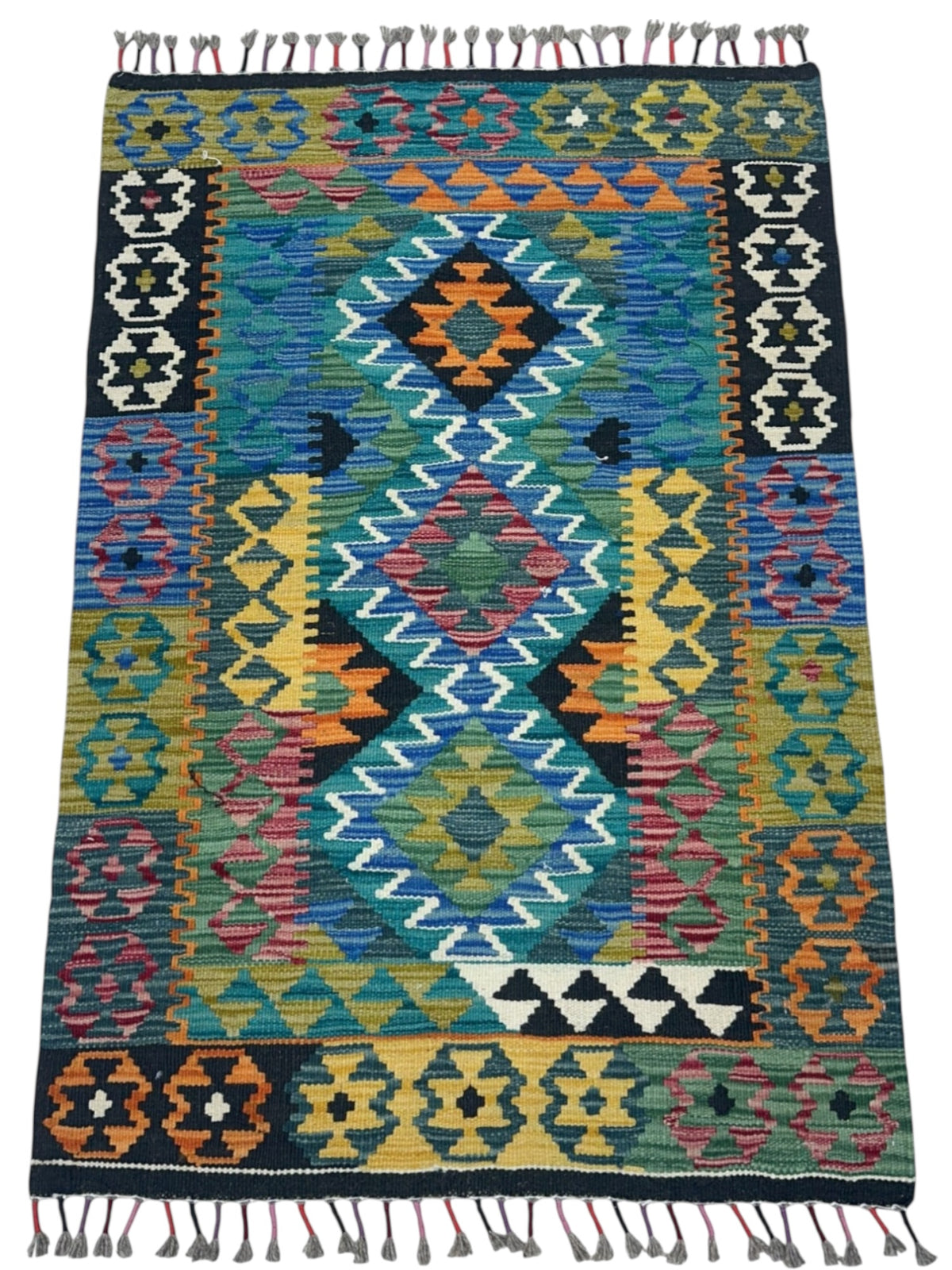 Afghan Kilim Rug 3x4, Teal, Olive Green & Black, Hand-Woven Wool Flatweave, view 2