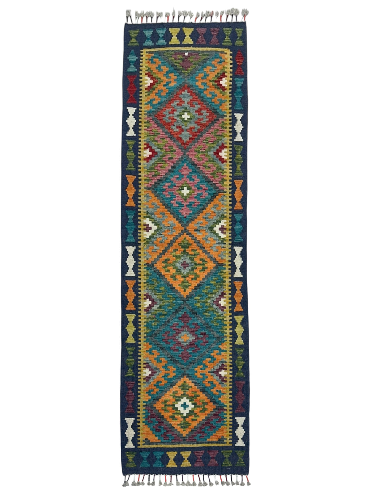 Afghan Kilim Runner 2x7, Navy, Teal & Orange, Hand-Woven Wool Flatweave