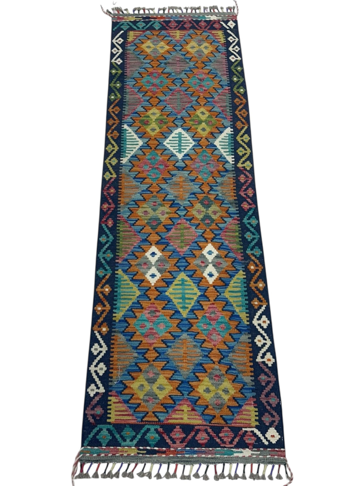 Afghan Kilim Runner 2x6, Navy, Orange & Teal, Hand-Woven Wool Flatweave, view 2